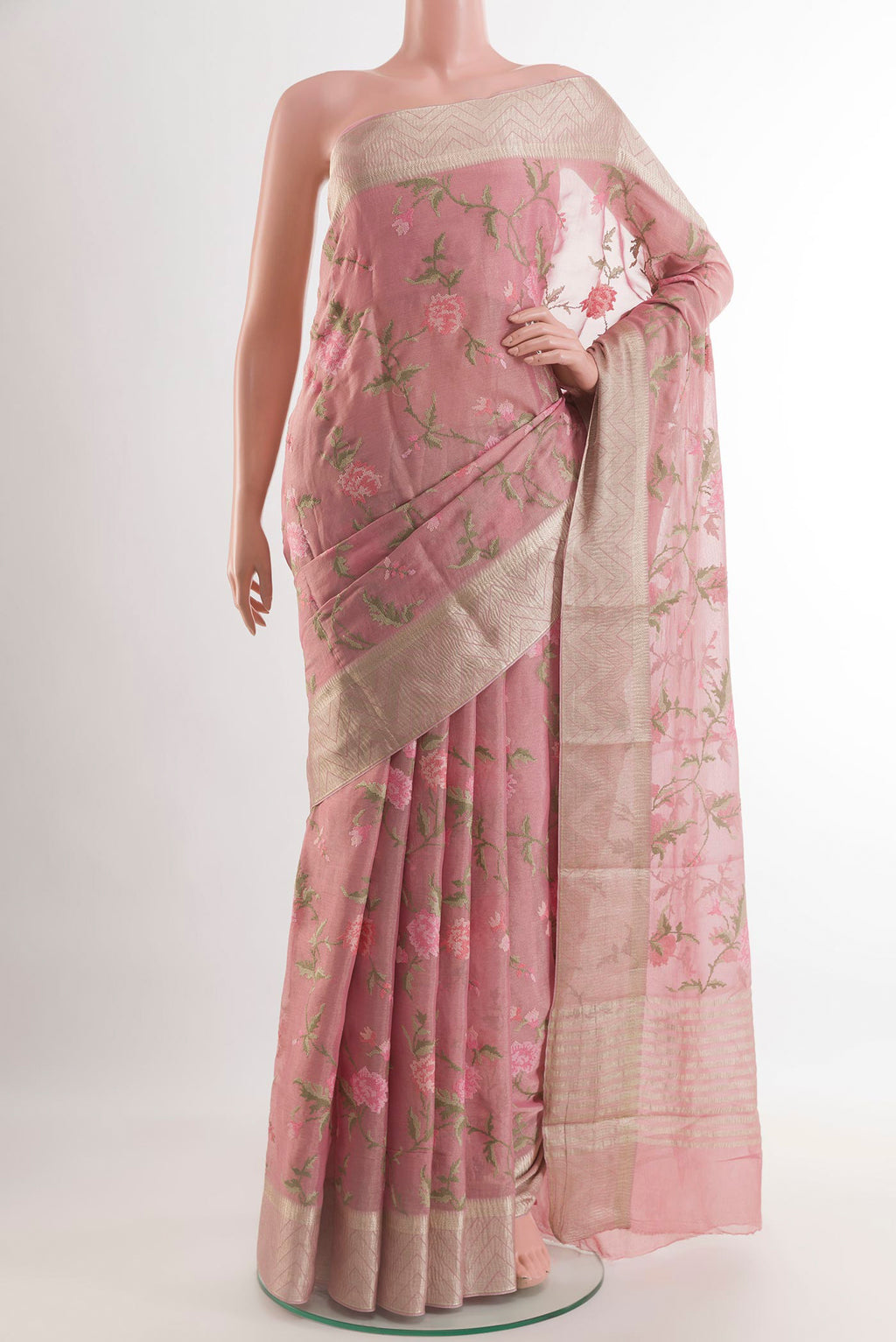 Pink Mysore Georgette Saree with Embroidery on the body and Zari Border.  displayed on a mannequin