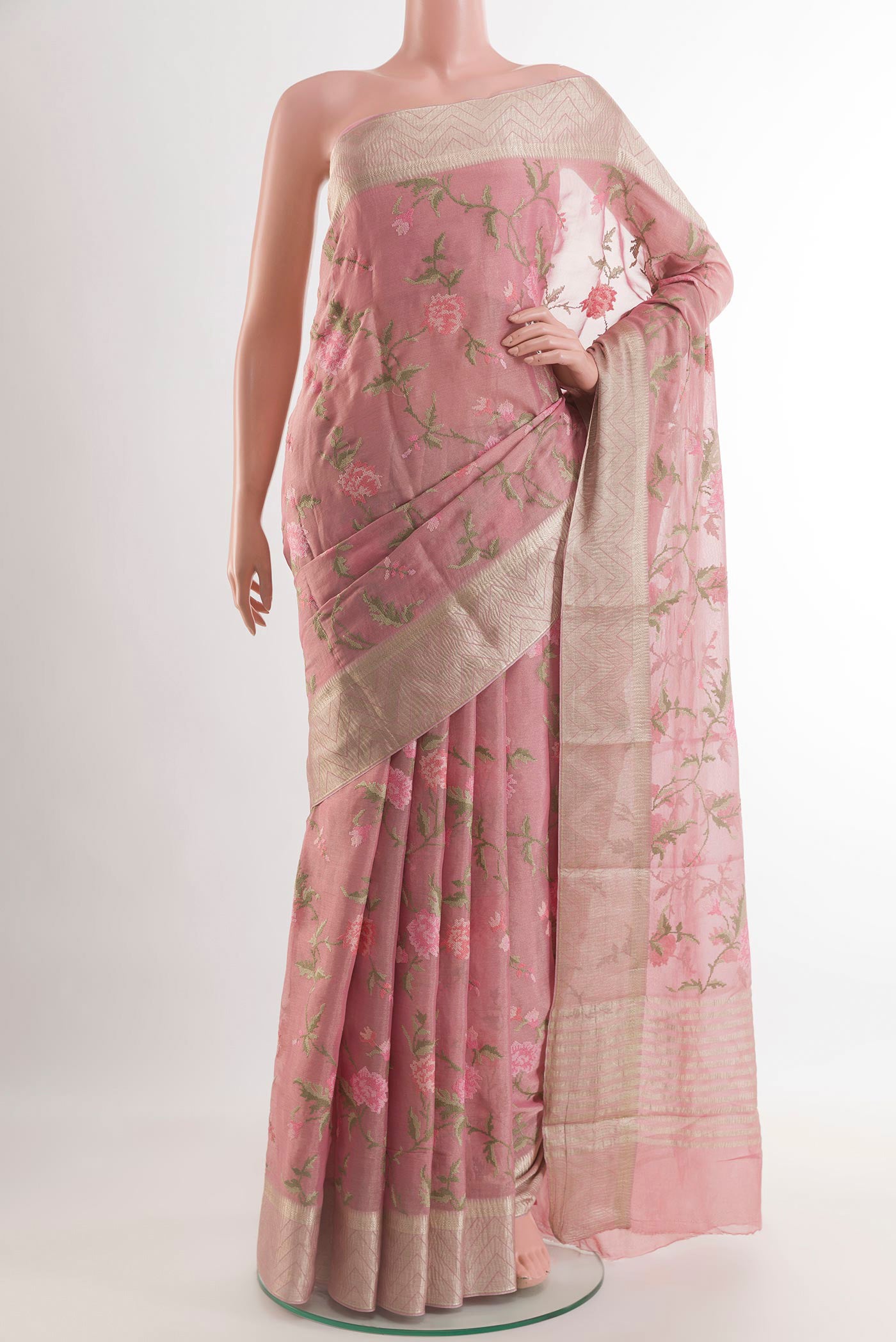 Pink Mysore Georgette Saree with Embroidery on the body and Zari Border.  displayed on a mannequin