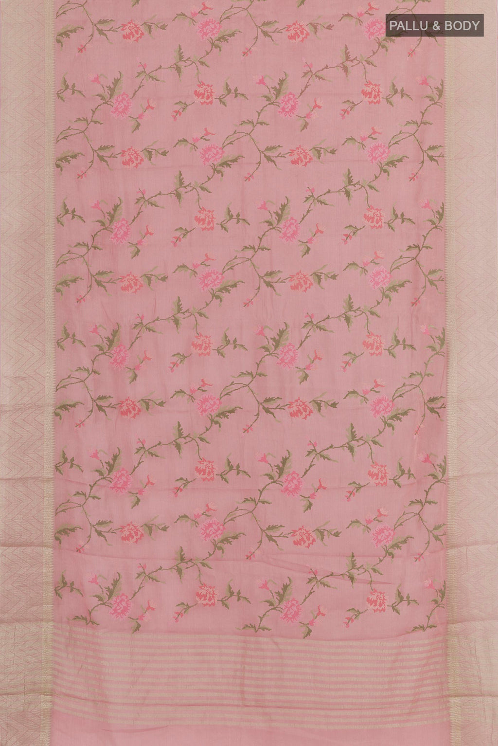 Flat view of Pink Mysore Georgette Saree with Embroidery on the body and Zari Border. 