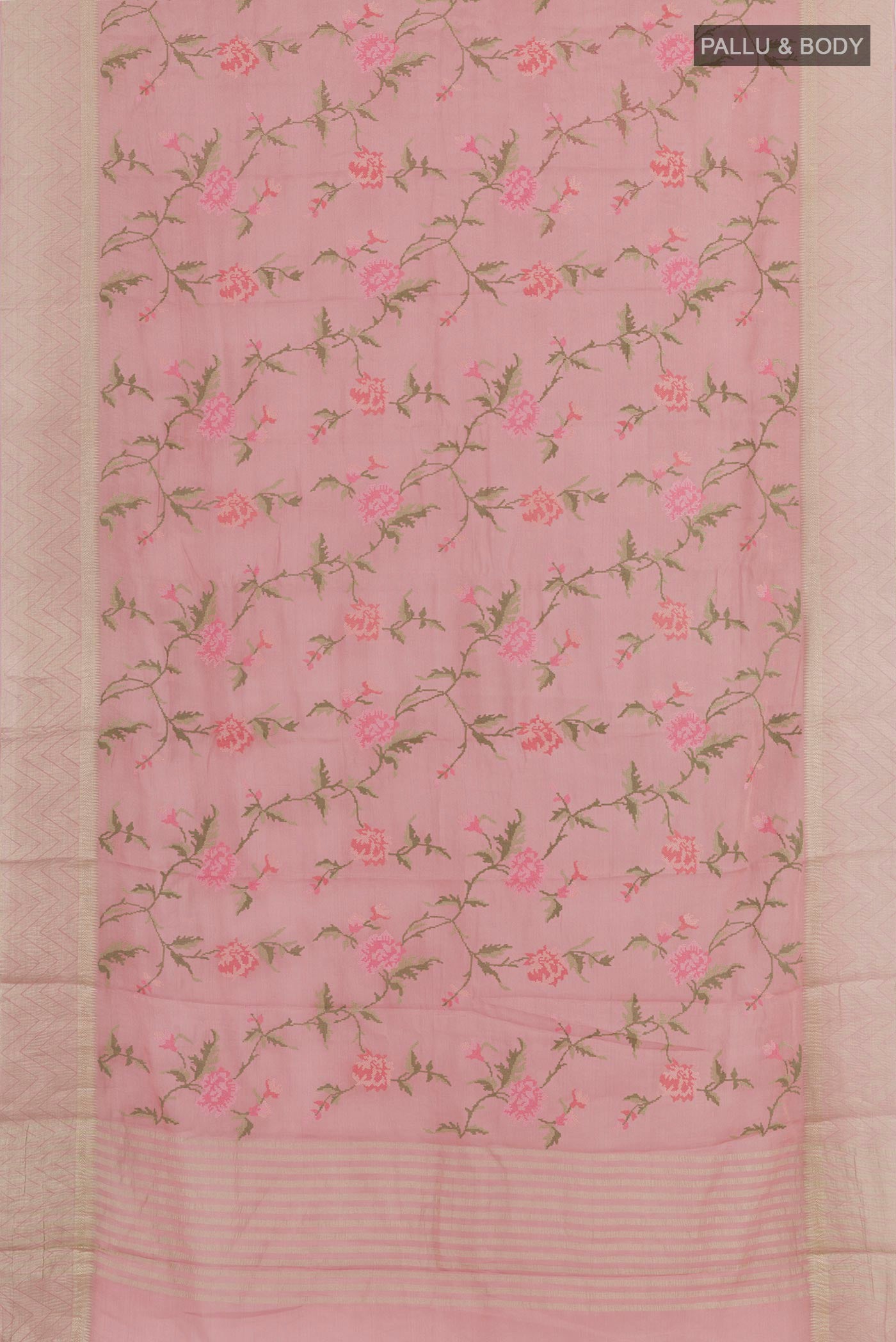 Flat view of Pink Mysore Georgette Saree with Embroidery on the body and Zari Border. 