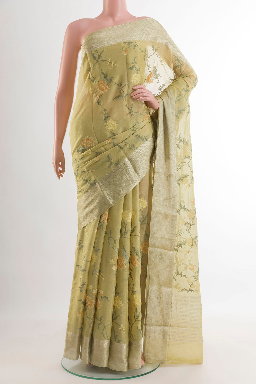 Sandal Mysore Georgette Saree with Embroidery on the body and Zari Border.  displayed on a mannequin