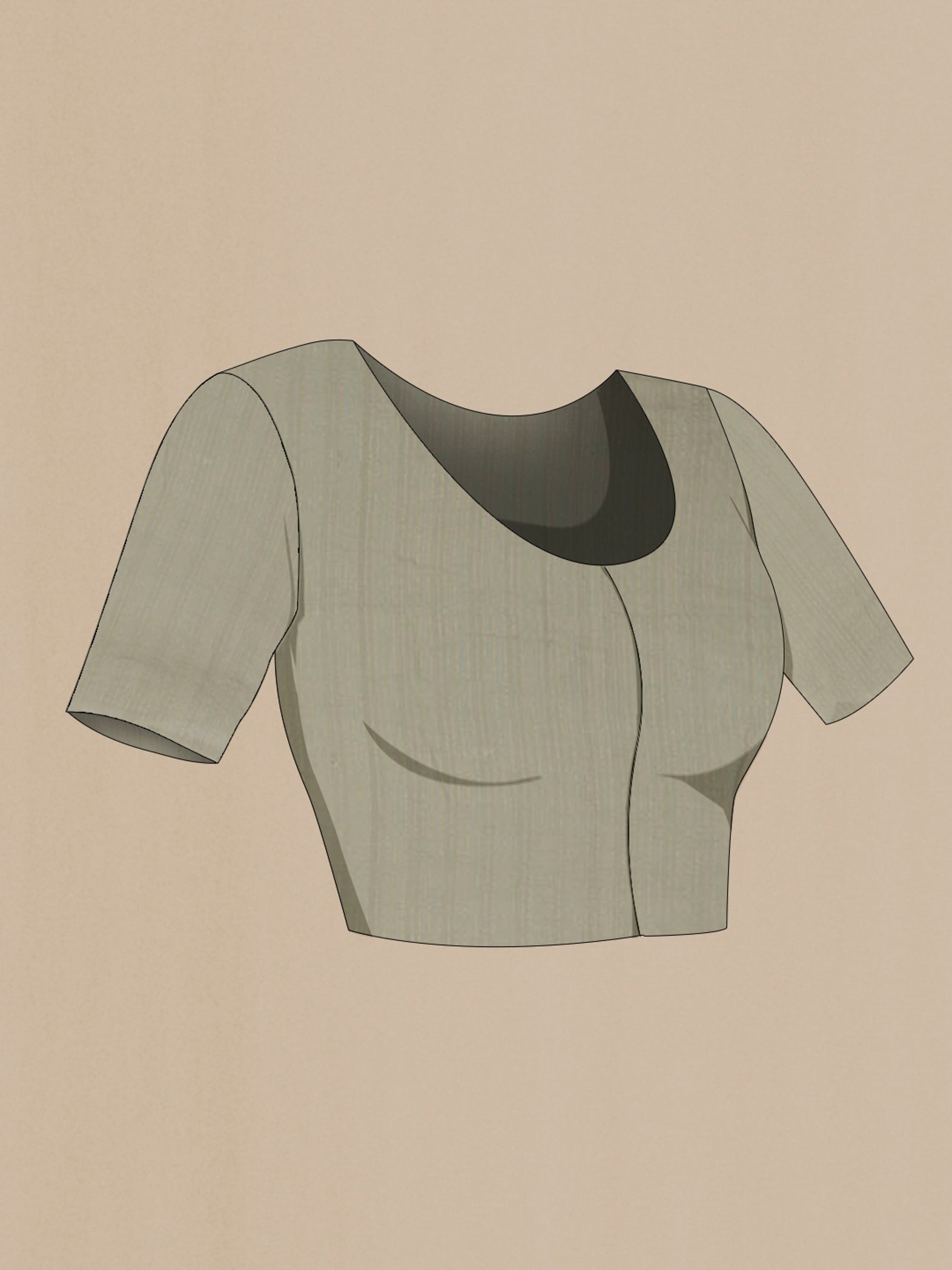 Close up image of the blouse of Grey Mysore Georgette Saree with Embroidery on the body and Zari Border. 