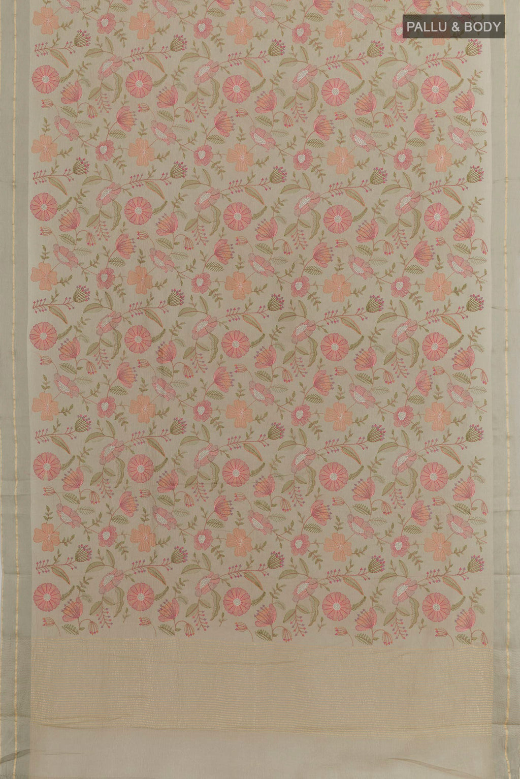Flat view of Grey Mysore Georgette Saree with Embroidery on the body and Zari Border. 