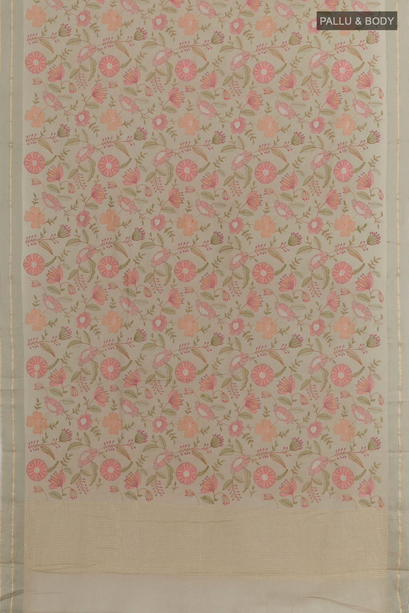 Flat view of Grey Mysore Georgette Saree with Embroidery on the body and Zari Border. 