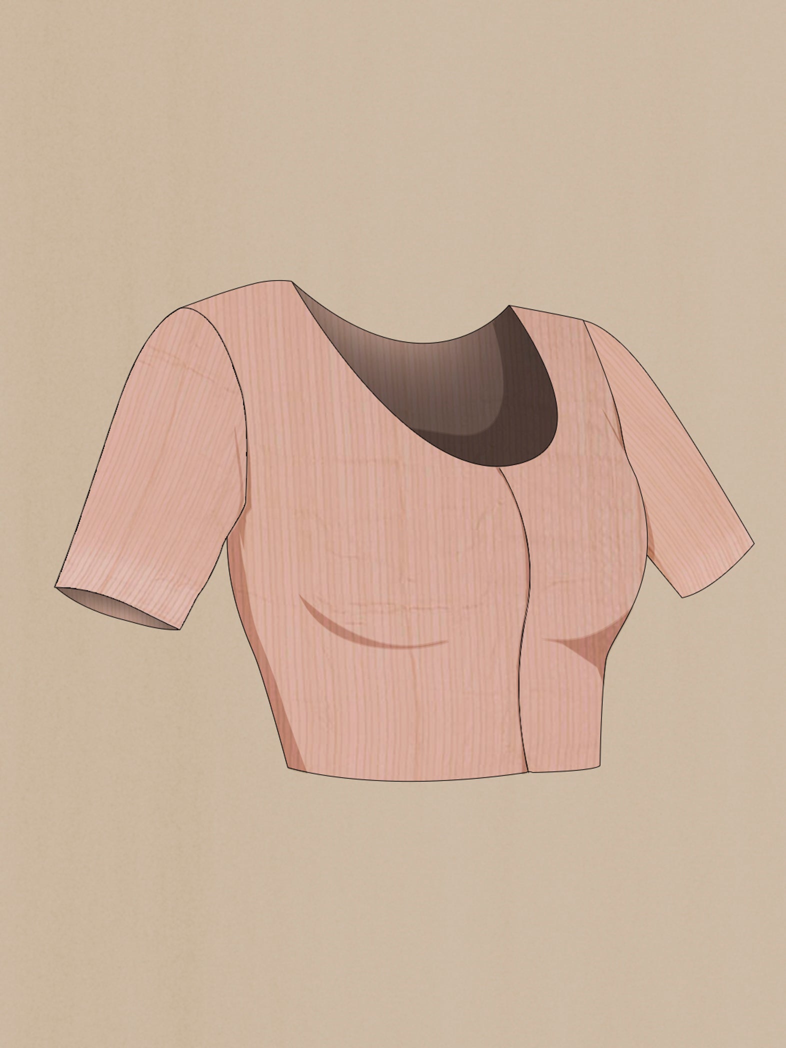 Close up image of the blouse of Rose Gold Mysore Georgette Saree with Embroidery on the body and Zari Border. 