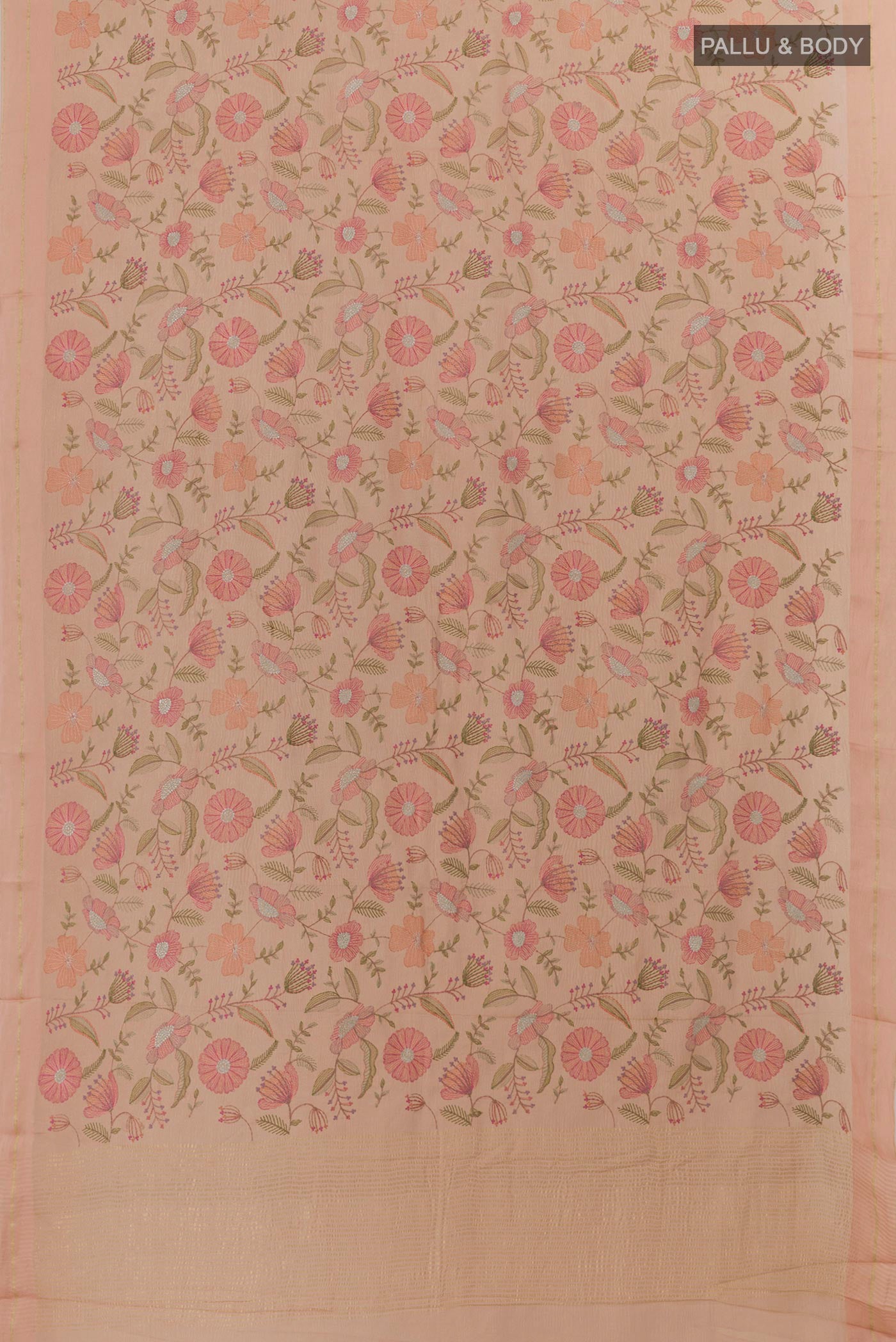 Flat view of Rose Gold Mysore Georgette Saree with Embroidery on the body and Zari Border. 