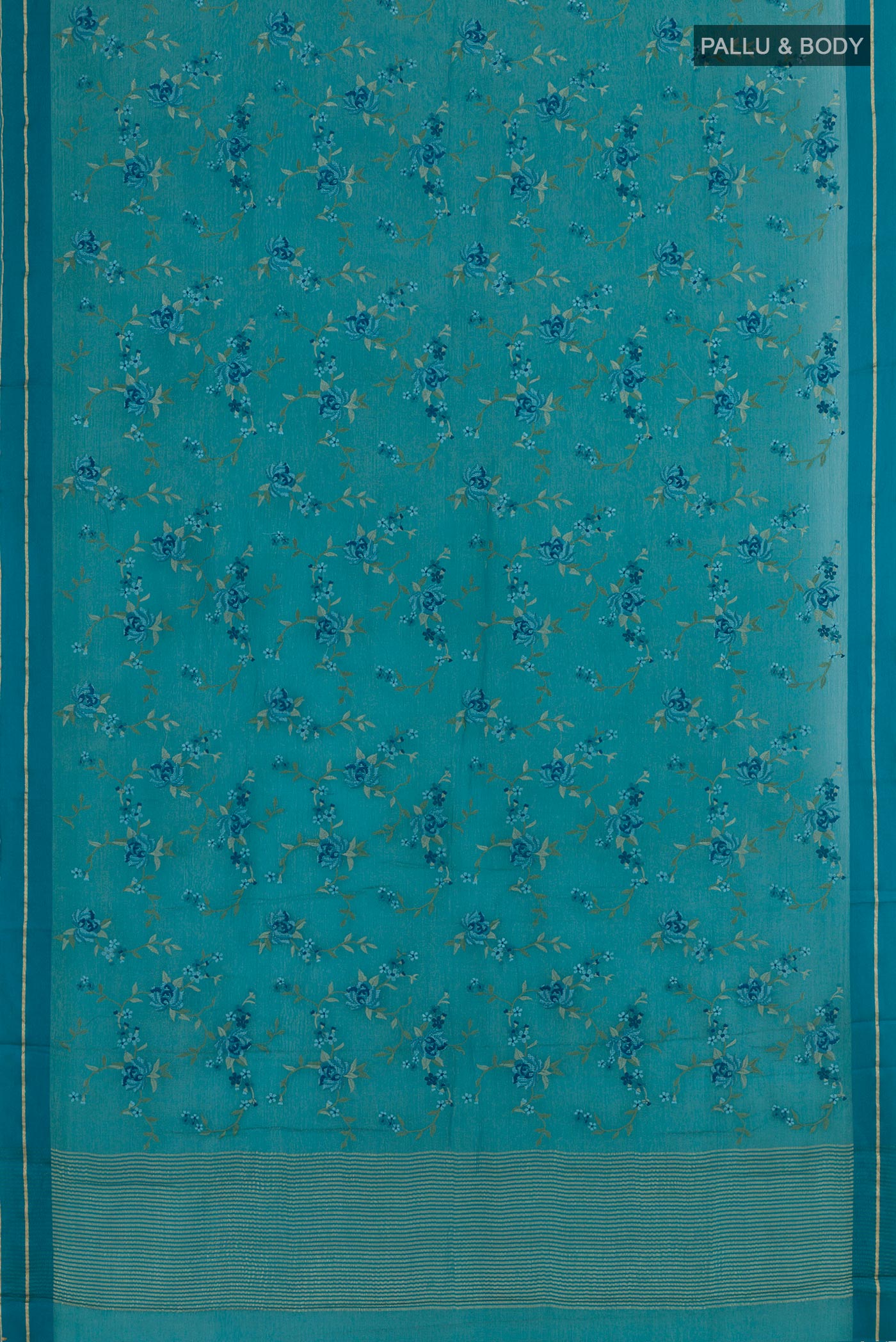 Flat view of Blue Mysore Georgette Saree with Embroidery on the body and Zari Border. 