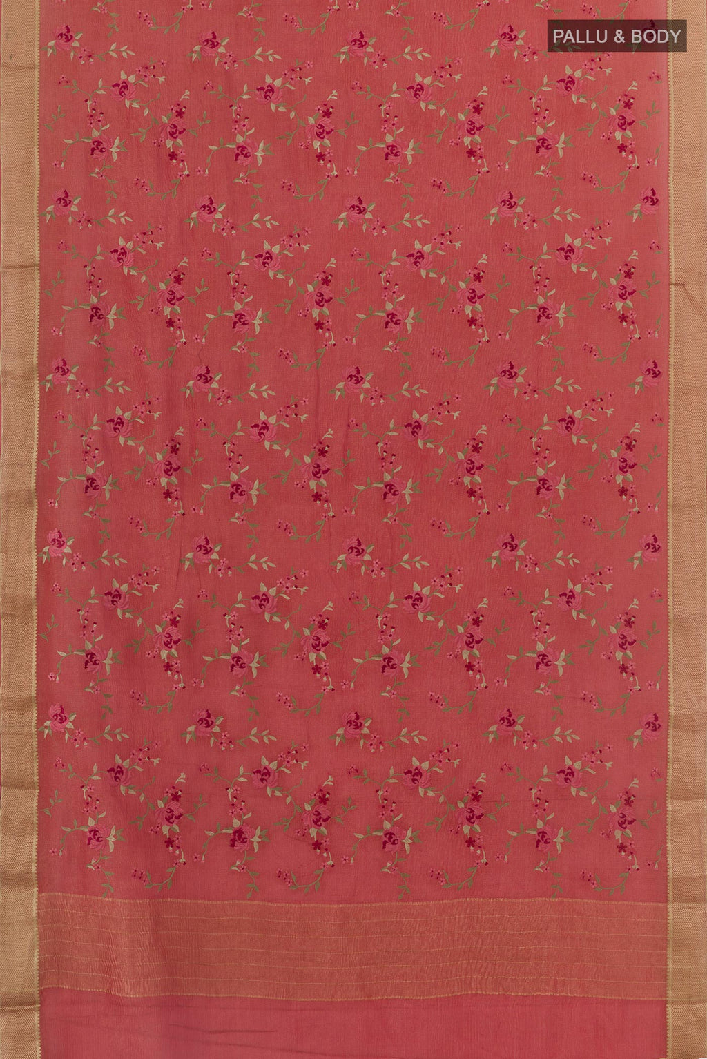 Flat view of Coral Mysore Georgette Saree with Embroidery on the body and Zari Border. 