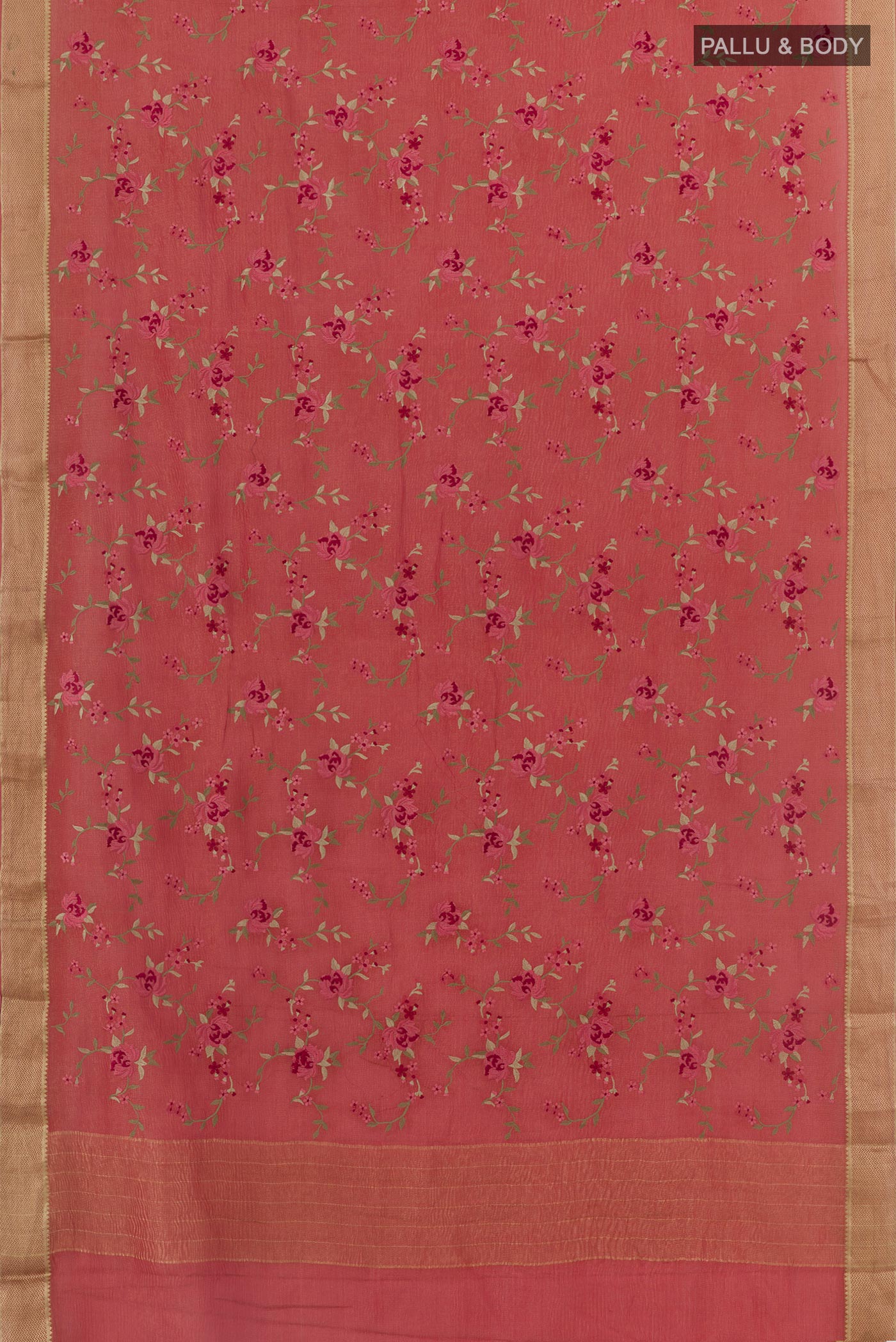 Flat view of Coral Mysore Georgette Saree with Embroidery on the body and Zari Border. 