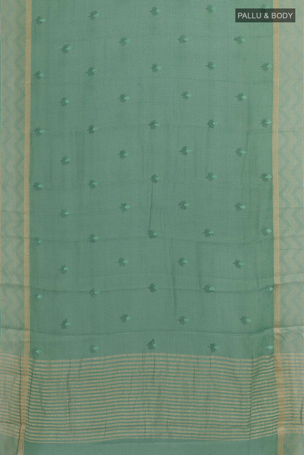 Flat view of Sea Green Mysore Georgette Saree with Embroidery on the body and Zari Border. 