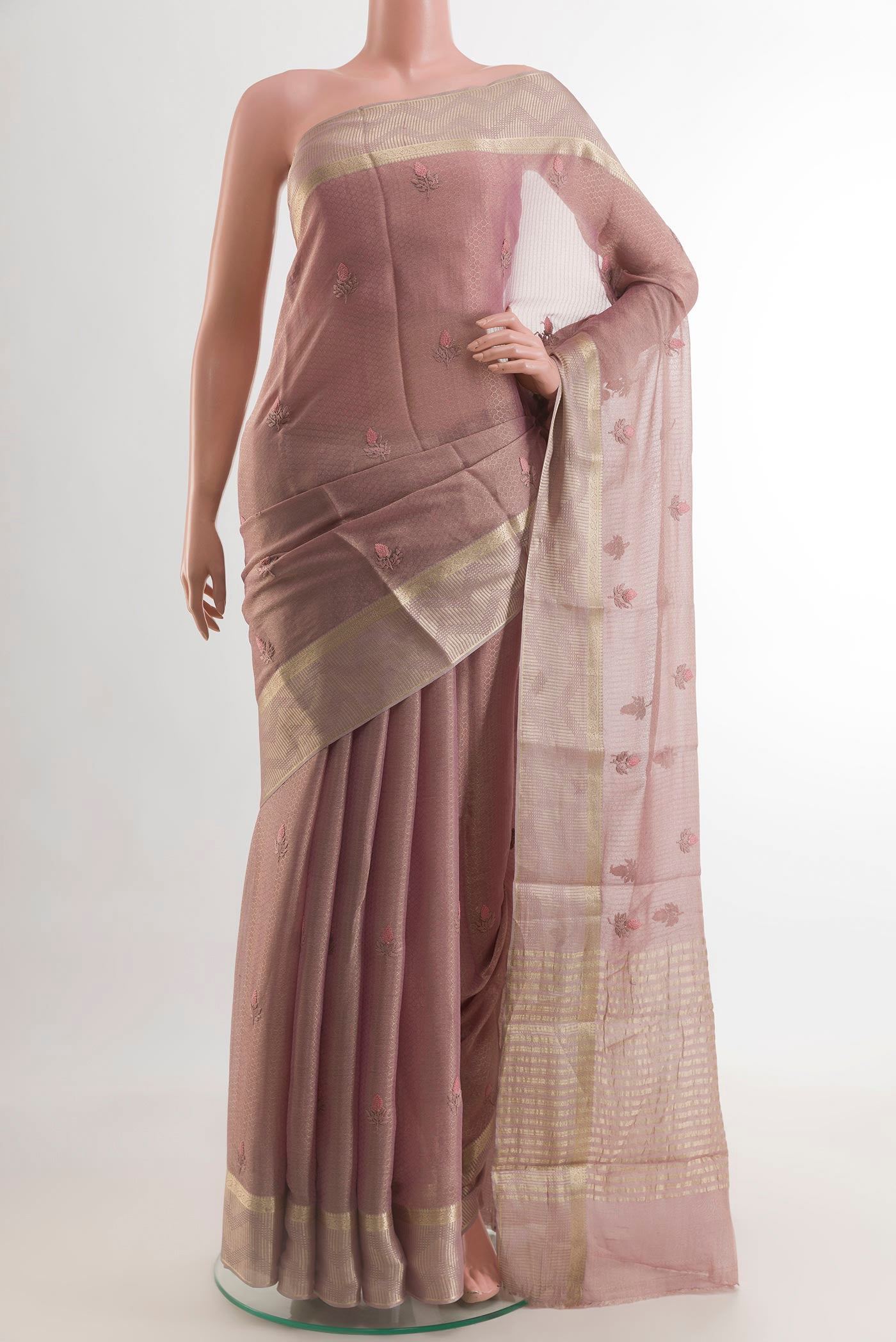 Lavender Mysore Georgette Saree with Embroidery on the body and Zari Border.  displayed on a mannequin