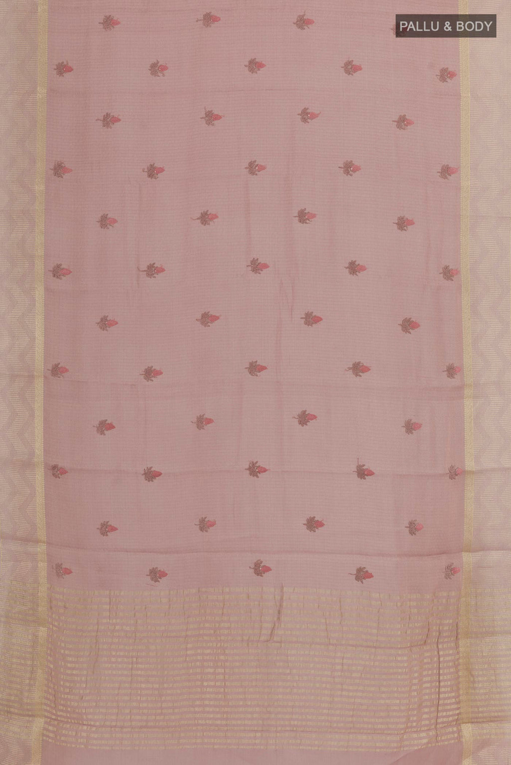 Flat view of Lavender Mysore Georgette Saree with Embroidery on the body and Zari Border. 