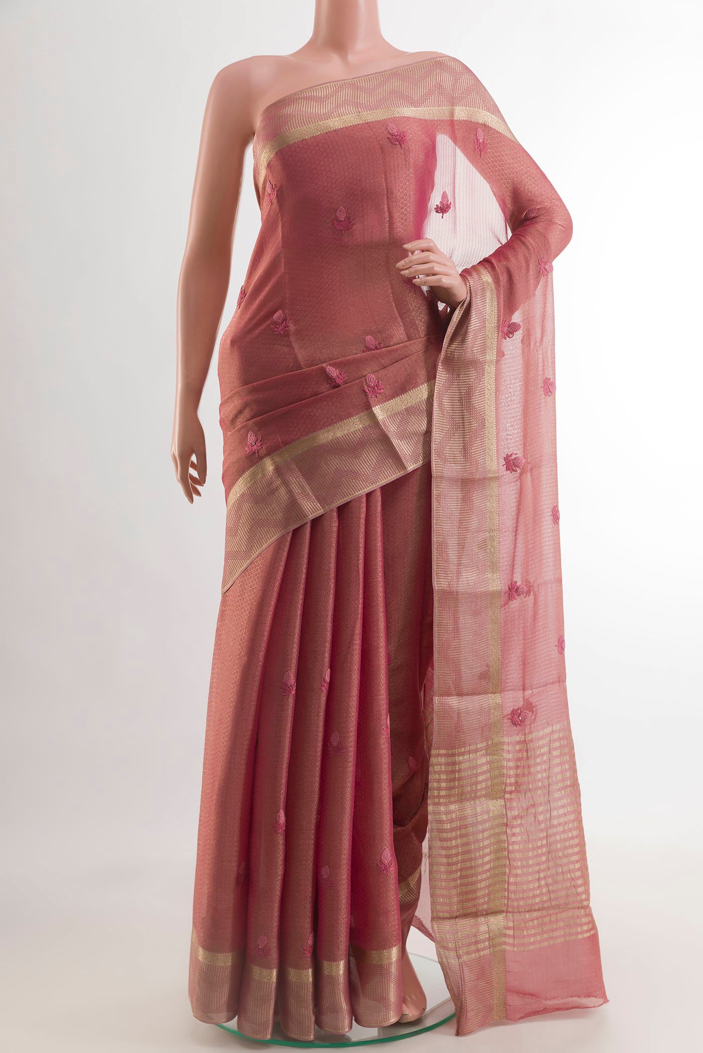 Pink Mysore Georgette Saree with Embroidery on the body and Zari Border.  displayed on a mannequin