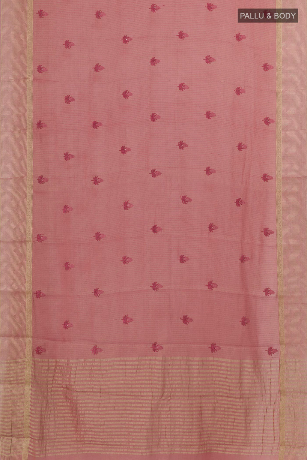 Flat view of Pink Mysore Georgette Saree with Embroidery on the body and Zari Border. 