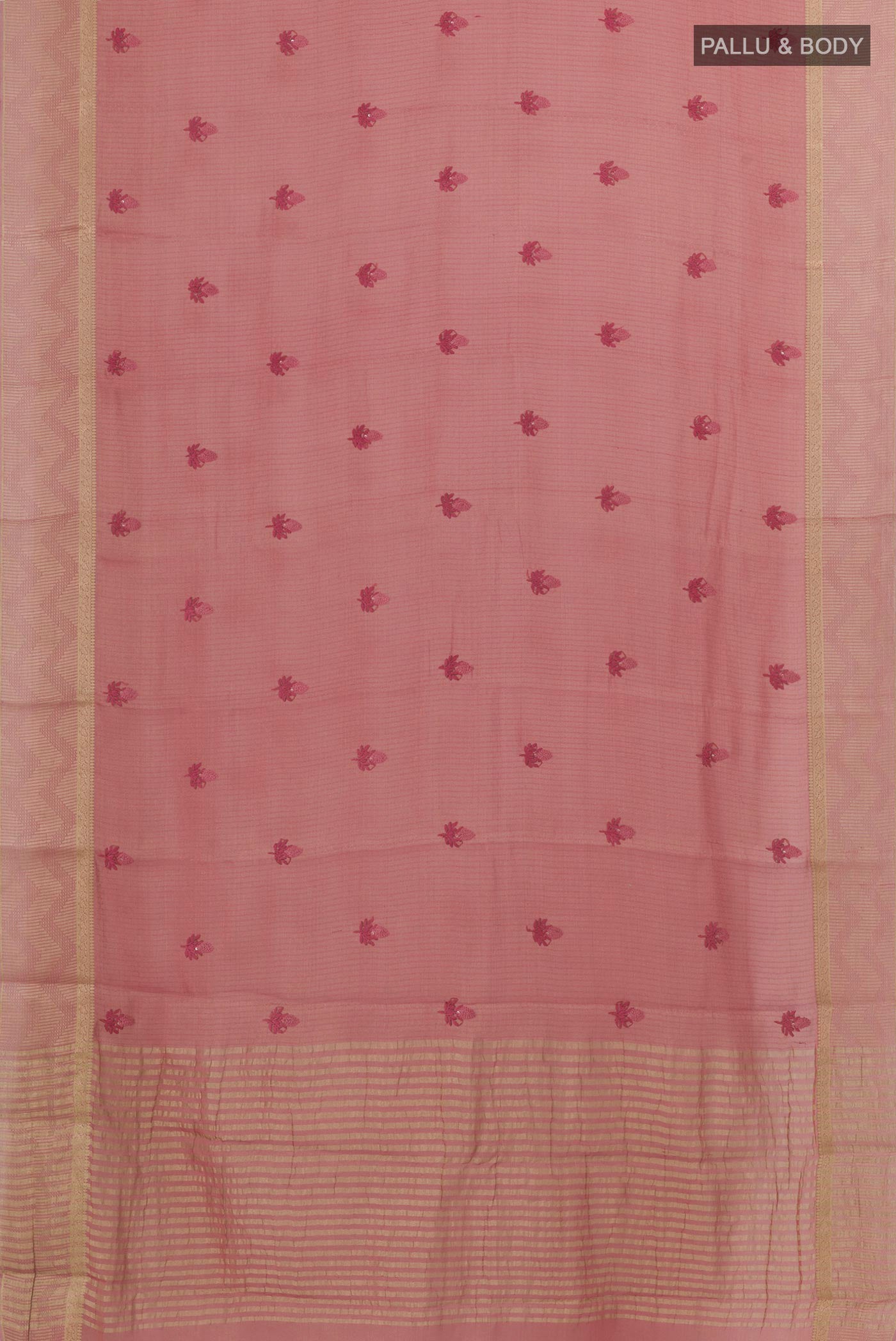 Flat view of Pink Mysore Georgette Saree with Embroidery on the body and Zari Border. 