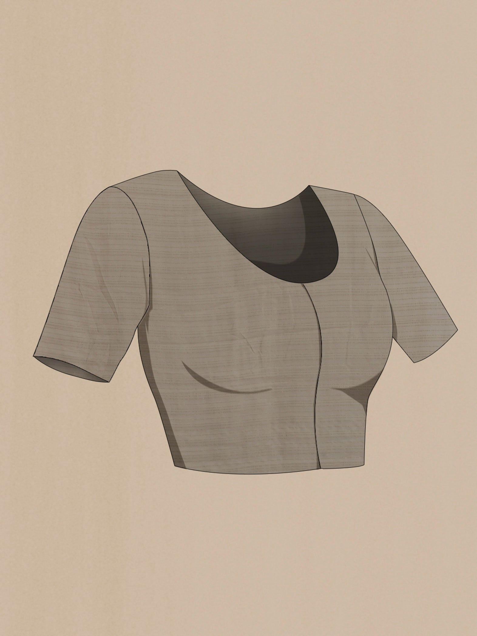Close up image of the blouse of Grey Mysore Chiffon Saree with Stripes on the body and Zari Border. 