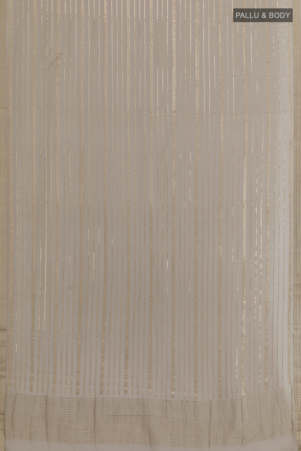 Flat view of Grey Mysore Chiffon Saree with Stripes on the body and Zari Border. 
