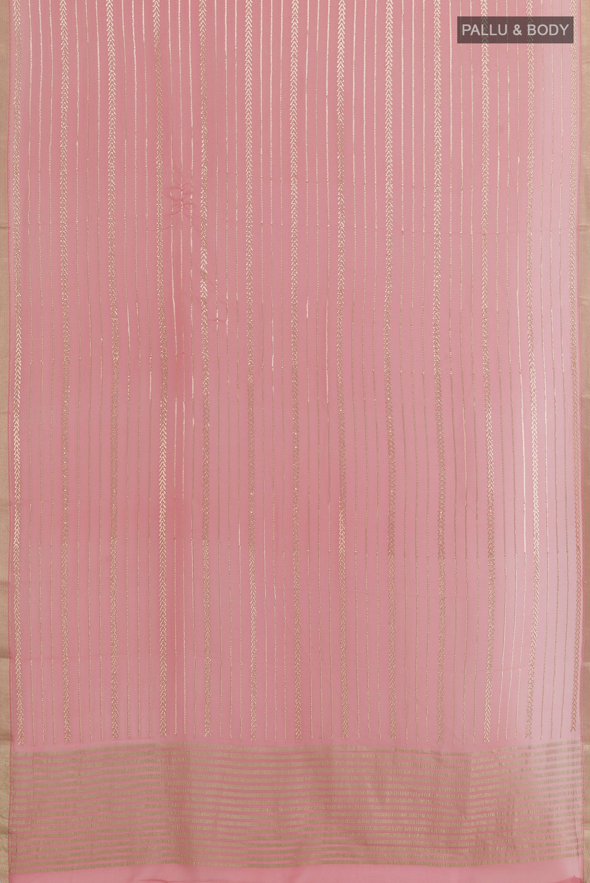 Flat view of Pink Mysore Chiffon Saree with Stripes on the body and Zari Border. 