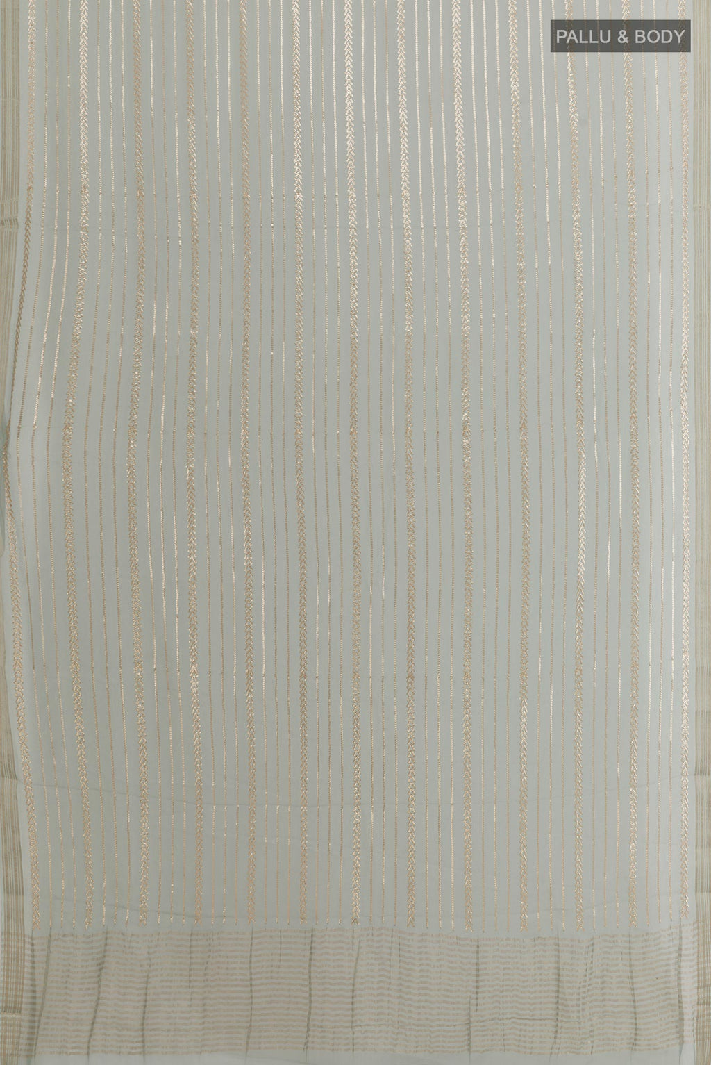 Flat view of Grey Mysore Chiffon Saree with Embroidery on the body and Embroidery Border. 