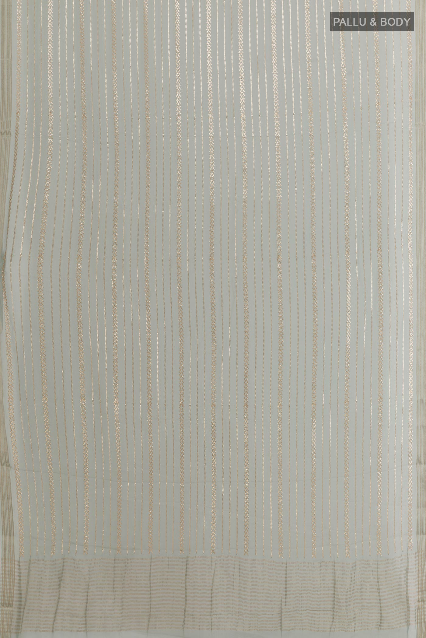 Flat view of Grey Mysore Chiffon Saree with Embroidery on the body and Embroidery Border. 