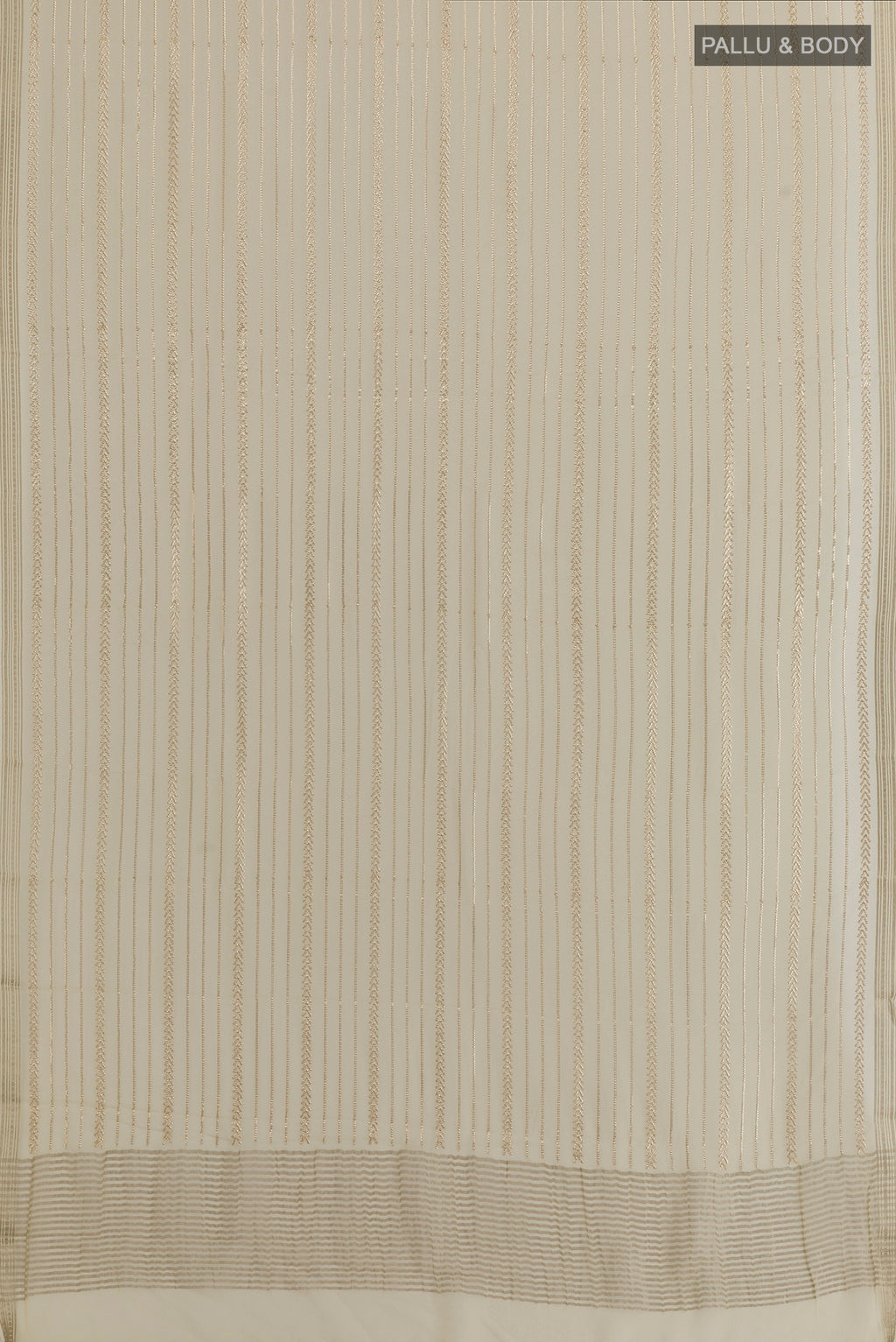 Flat view of Off White Mysore Chiffon Saree with Stripes on the body and Zari Border. 
