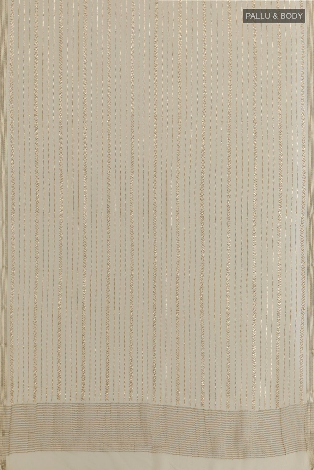 Flat view of Off White Mysore Chiffon Saree with Stripes on the body and Zari Border. 