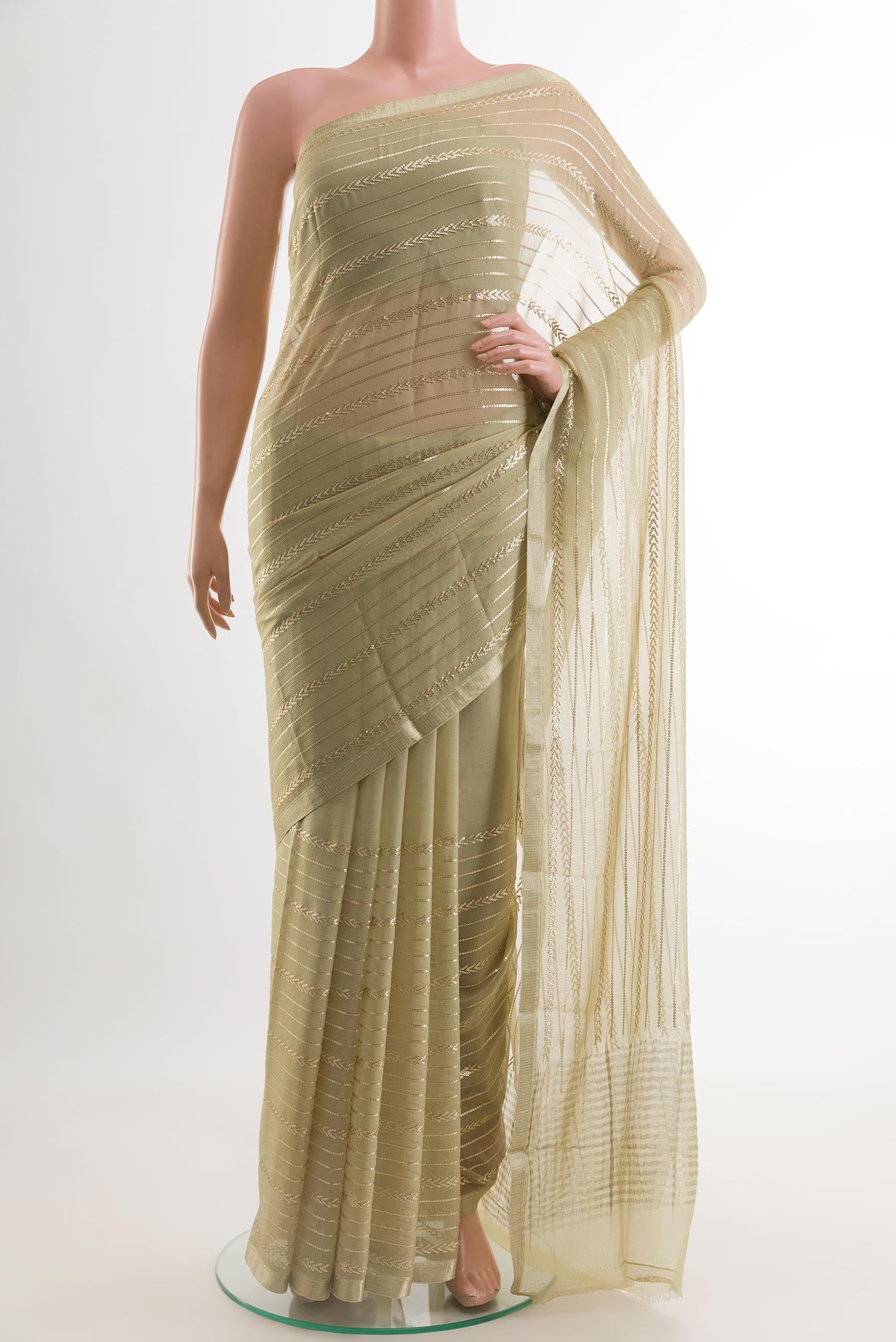 Beige Mysore Chiffon Saree with Embroidery on the body and Embroidery Border.  displayed on a mannequin