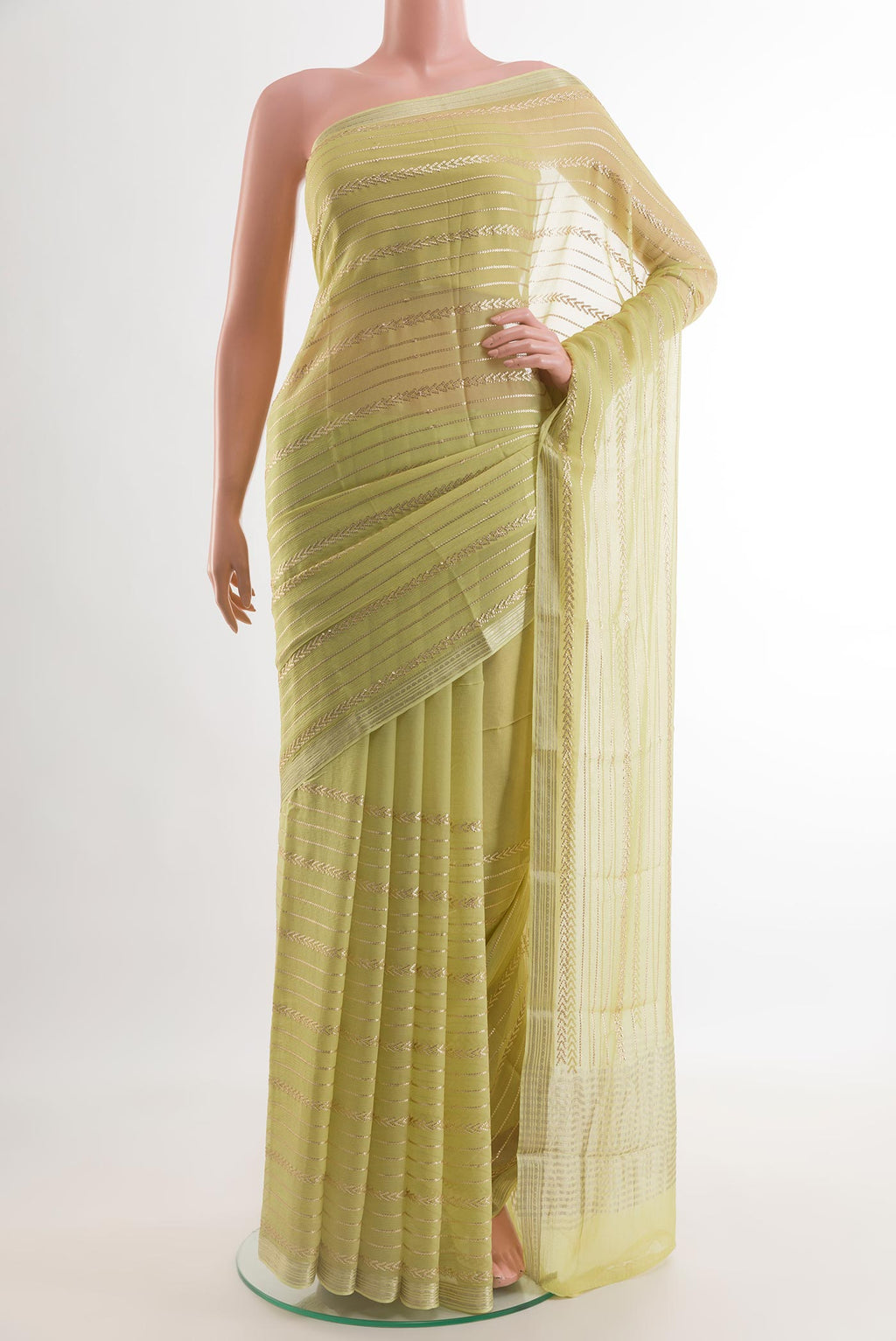Lemon Yellow Mysore Chiffon Saree with Embroidery on the body and Embroidery Border.  displayed on a mannequin