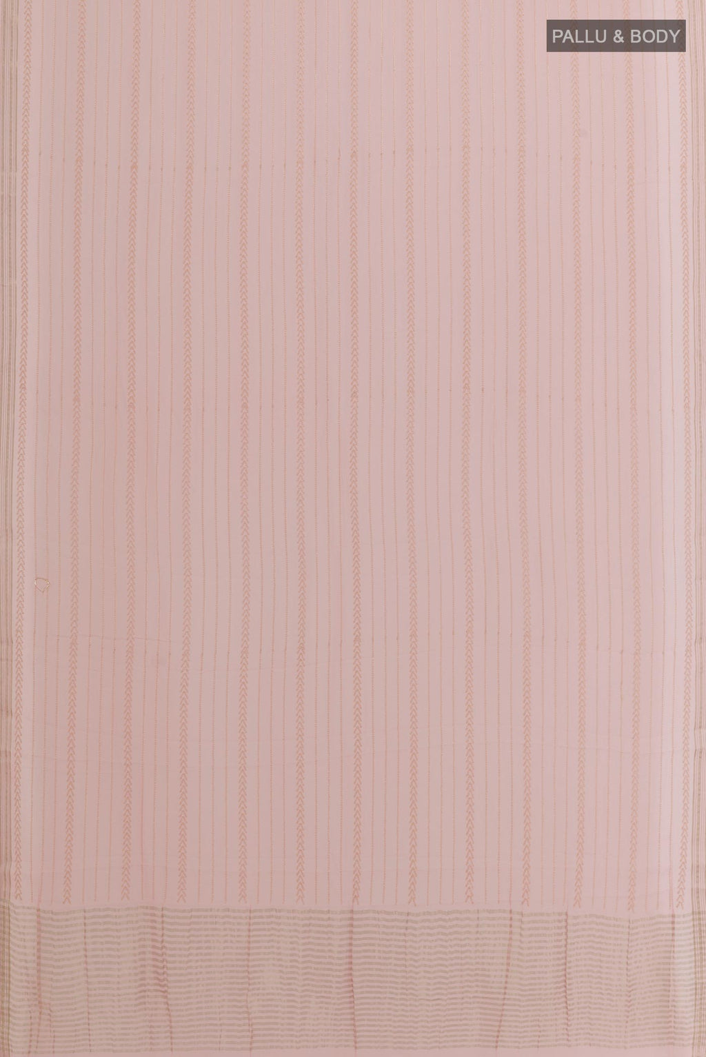 Flat view of Rose pink Mysore Chiffon Saree with Embroidery on the body and Zari Border. 