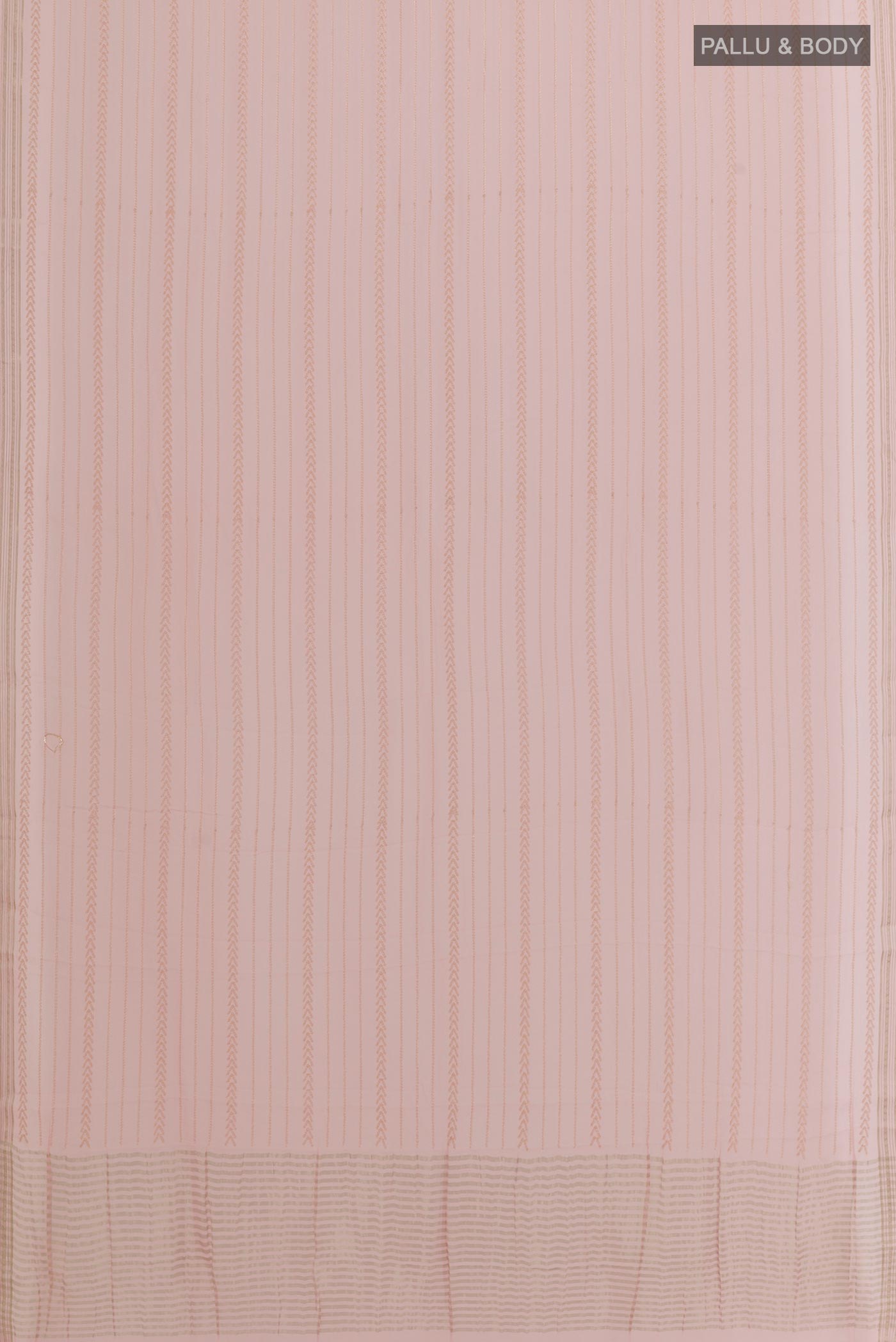 Flat view of Rose pink Mysore Chiffon Saree with Embroidery on the body and Zari Border. 
