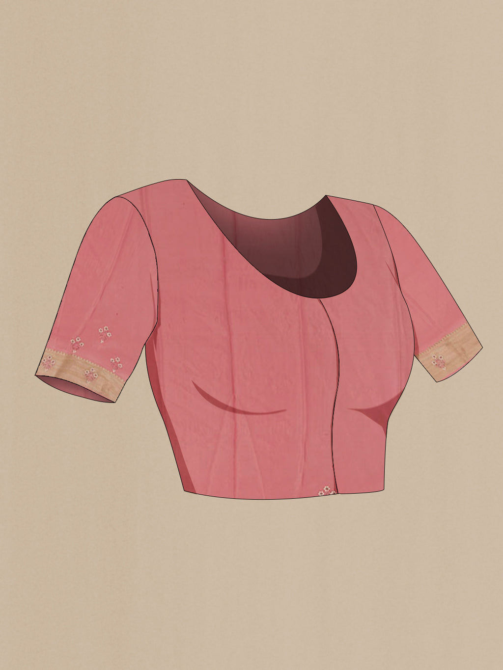 Close up image of the blouse of Rose Gold Mysore Crepe Saree with Zari Brocade on the body and Zari Border. 