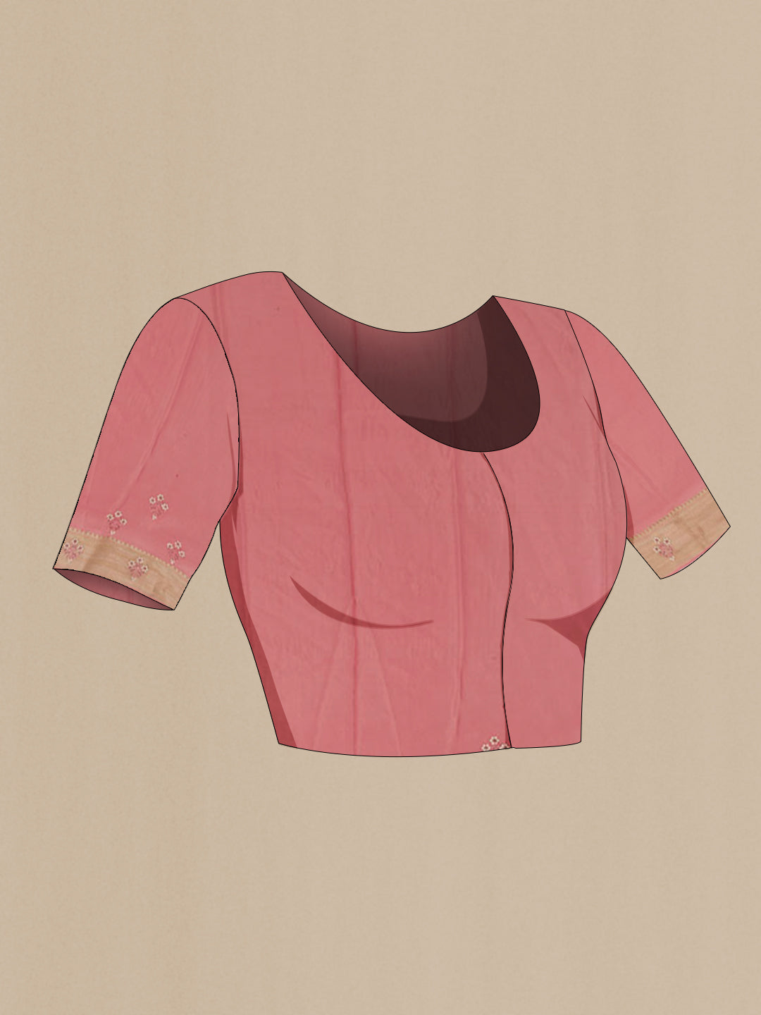 Close up image of the blouse of Rose Gold Mysore Crepe Saree with Zari Brocade on the body and Zari Border. 