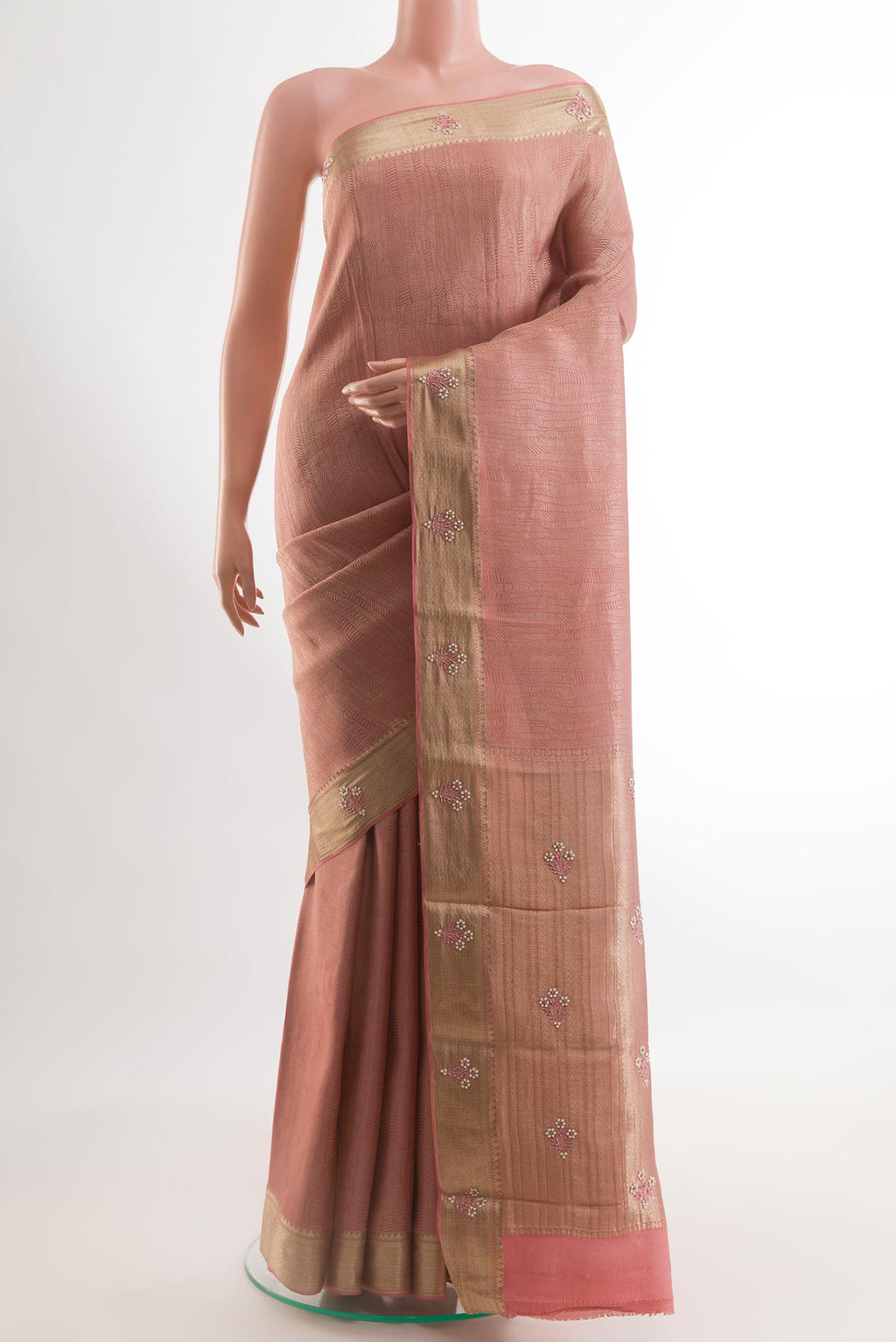 Rose Gold Mysore Crepe Saree with Zari Brocade on the body and Zari Border.  displayed on a mannequin