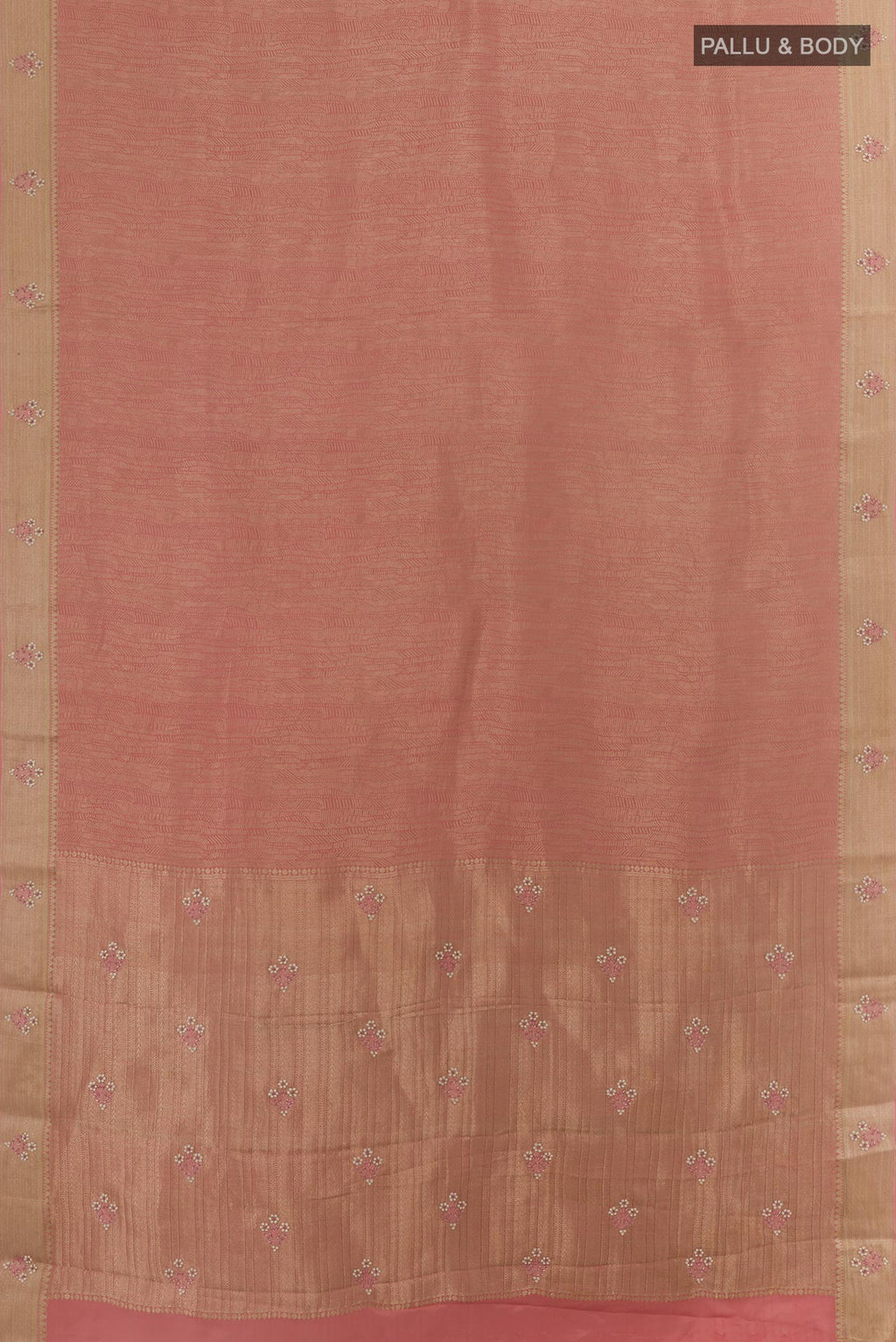 Flat view of Rose Gold Mysore Crepe Saree with Zari Brocade on the body and Zari Border. 