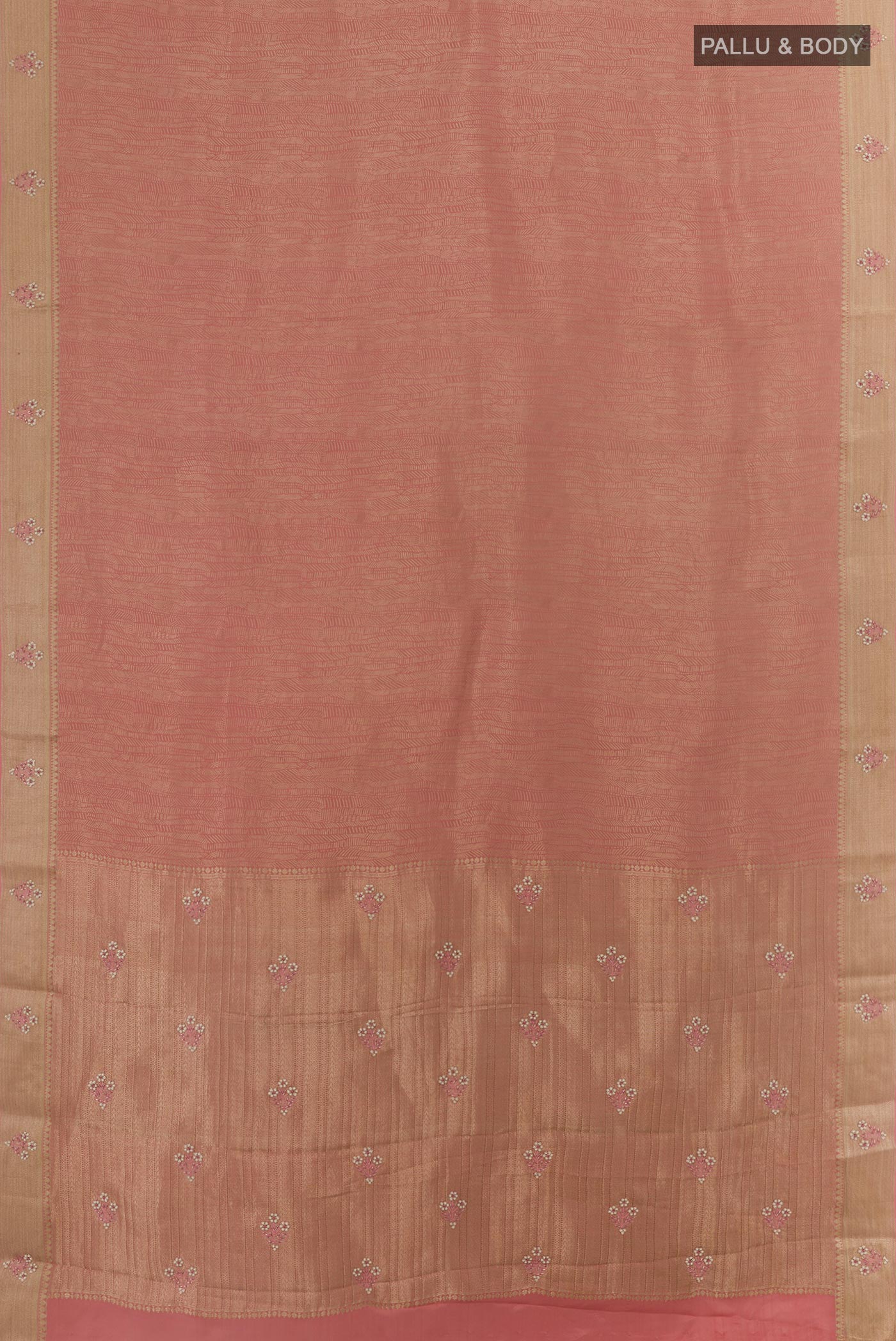 Flat view of Rose Gold Mysore Crepe Saree with Zari Brocade on the body and Zari Border. 