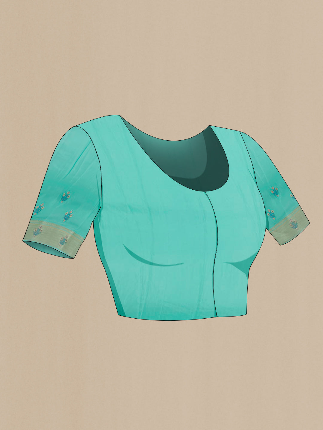 Close up image of the blouse of Turquoise Mysore Crepe Saree with Zari Brocade on the body and Zari Border. 