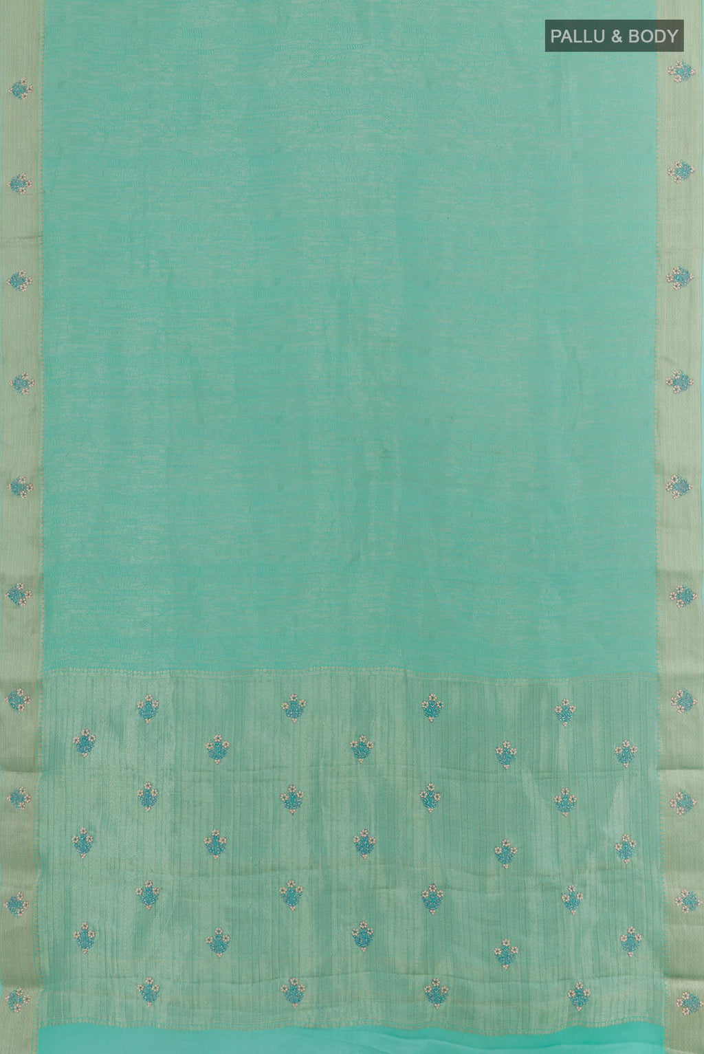 Flat view of Turquoise Mysore Crepe Saree with Zari Brocade on the body and Zari Border. 
