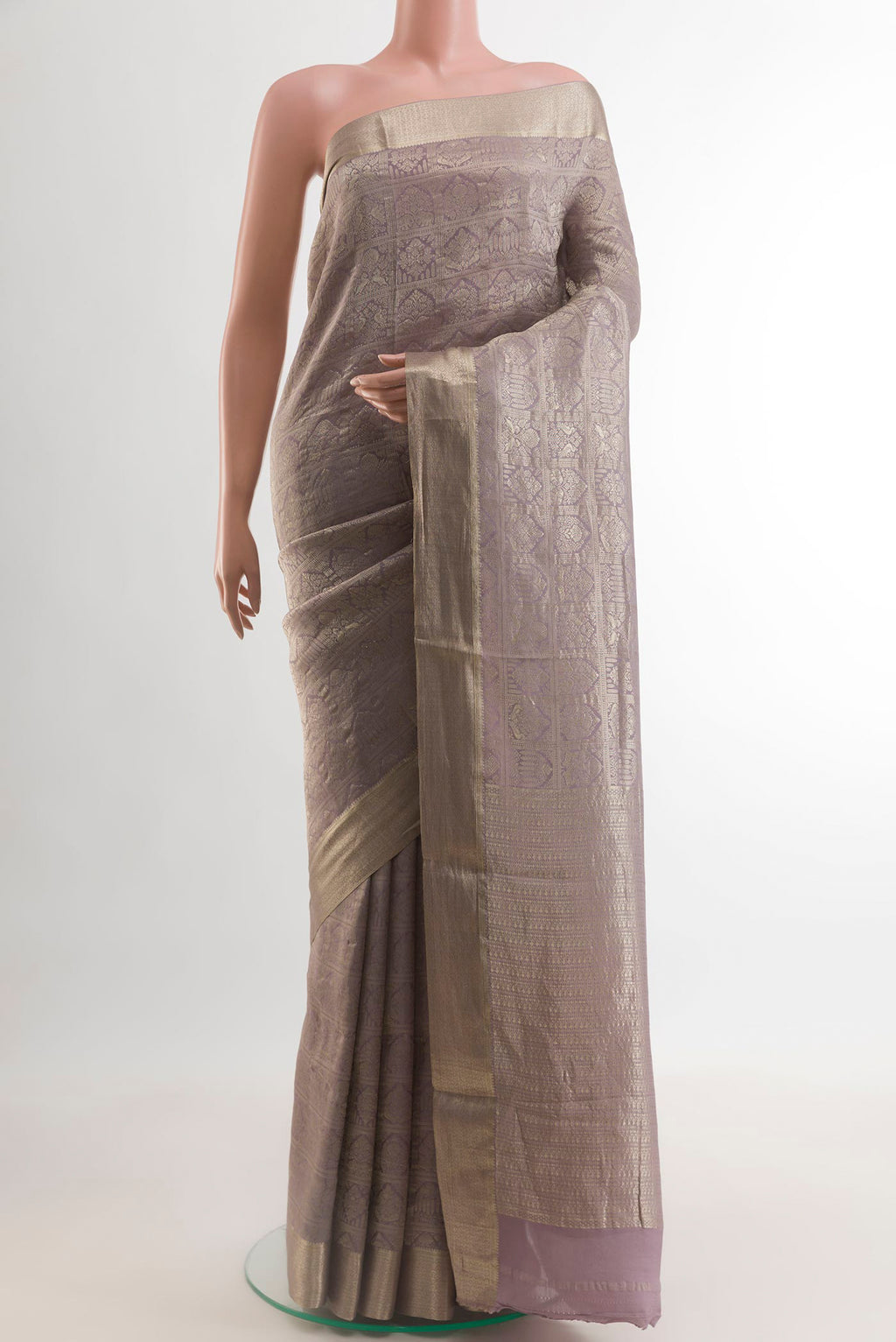 Lavender Mysore Crepe Saree with Zari Brocade on the body and Zari Border.  displayed on a mannequin