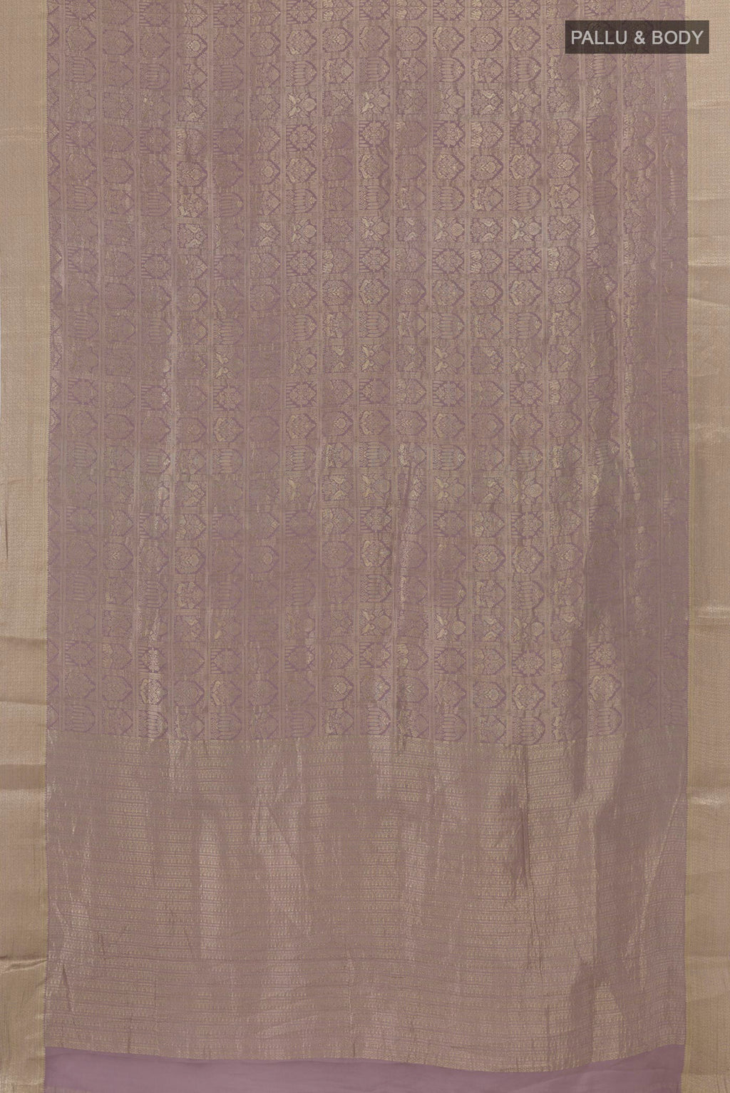 Flat view of Lavender Mysore Crepe Saree with Zari Brocade on the body and Zari Border. 
