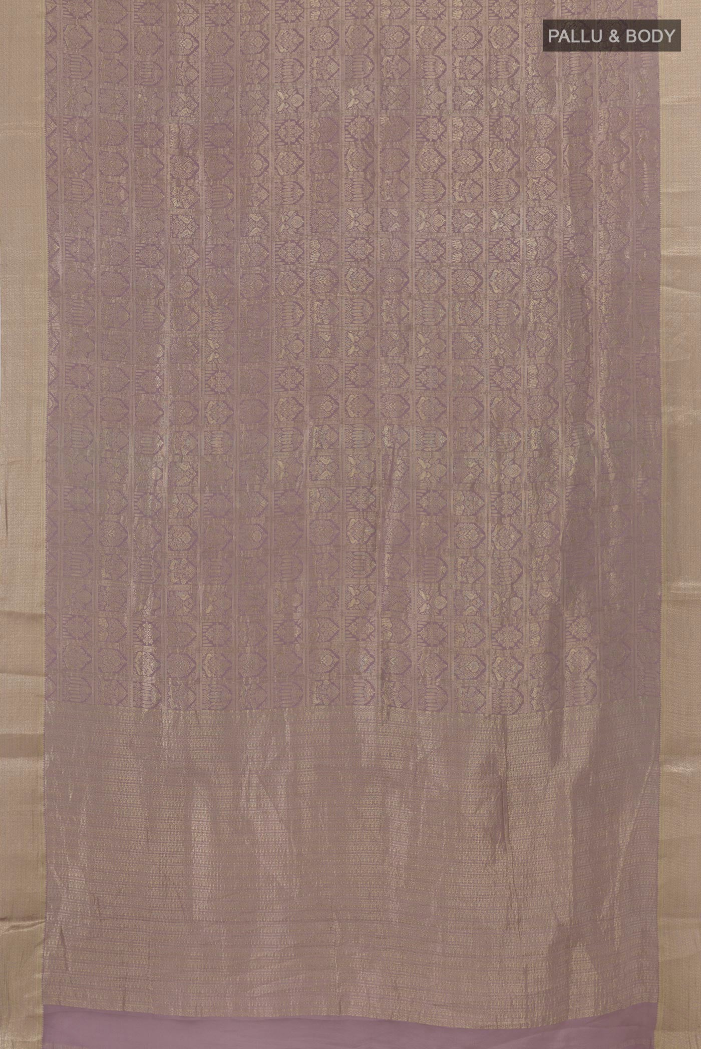 Flat view of Lavender Mysore Crepe Saree with Zari Brocade on the body and Zari Border. 