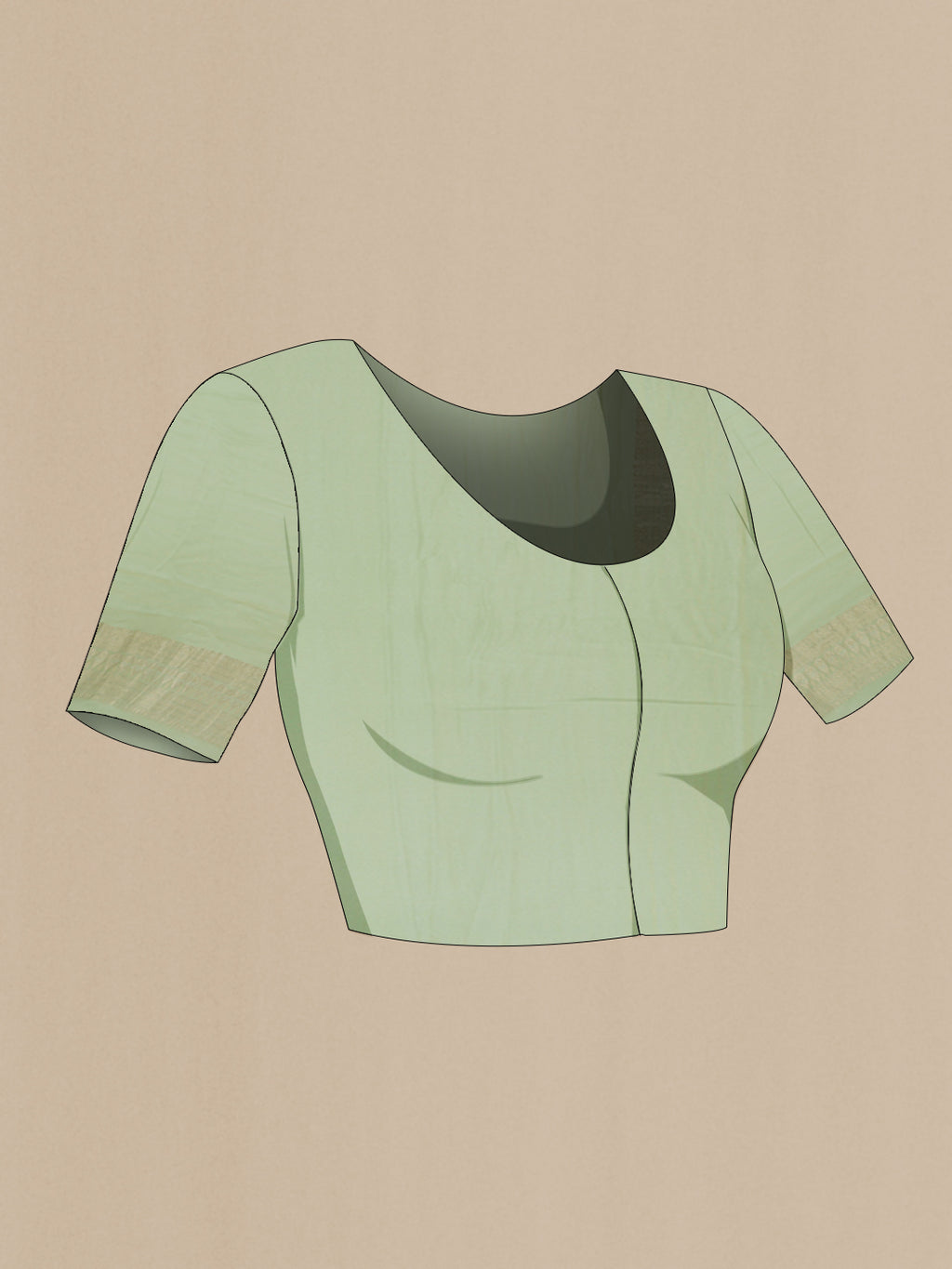Close up image of the blouse of Mint Green Mysore Crepe Saree with Zari Brocade on the body and Zari Border. 