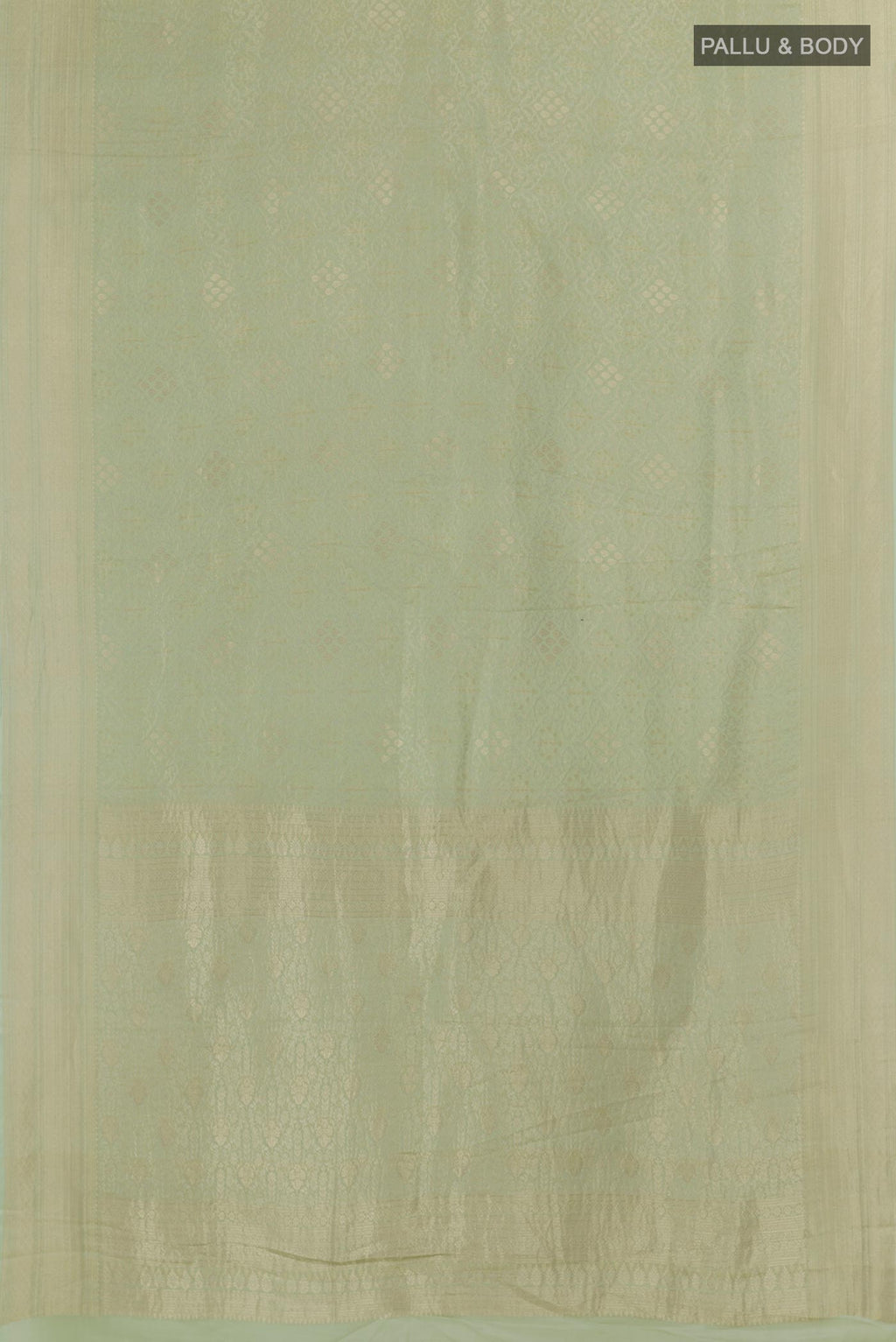 Flat view of Mint Green Mysore Crepe Saree with Zari Brocade on the body and Zari Border. 