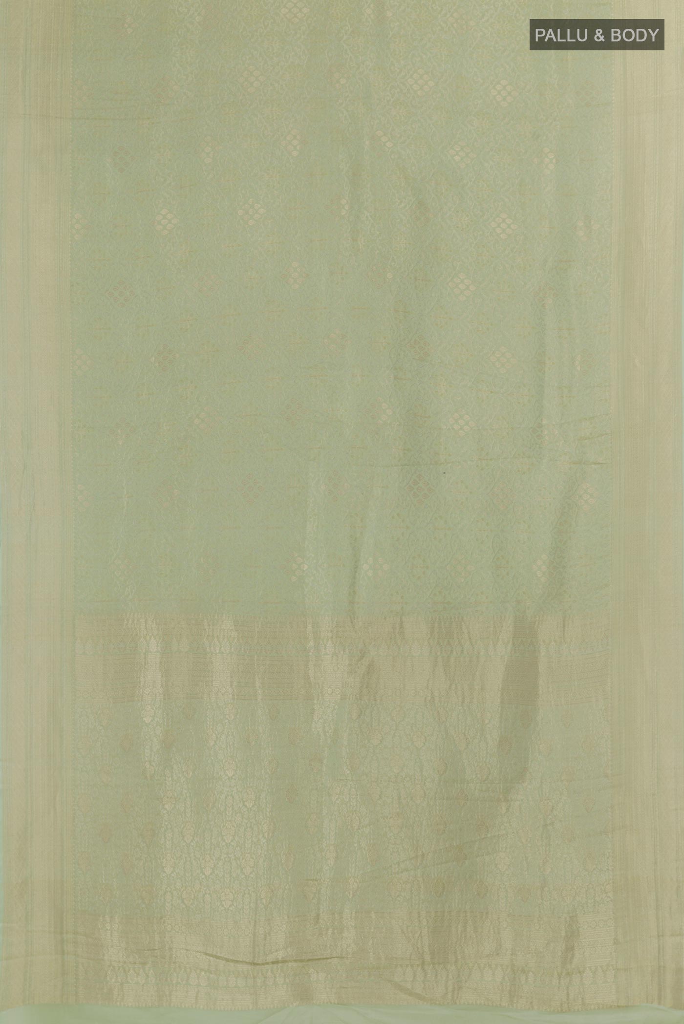Flat view of Mint Green Mysore Crepe Saree with Zari Brocade on the body and Zari Border. 