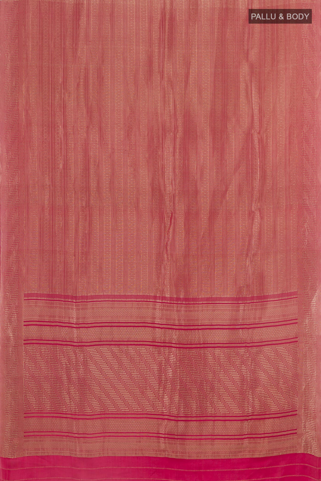 Flat view of Pink Mysore Crepe Saree with Zari Brocade on the body and Zari Border. 