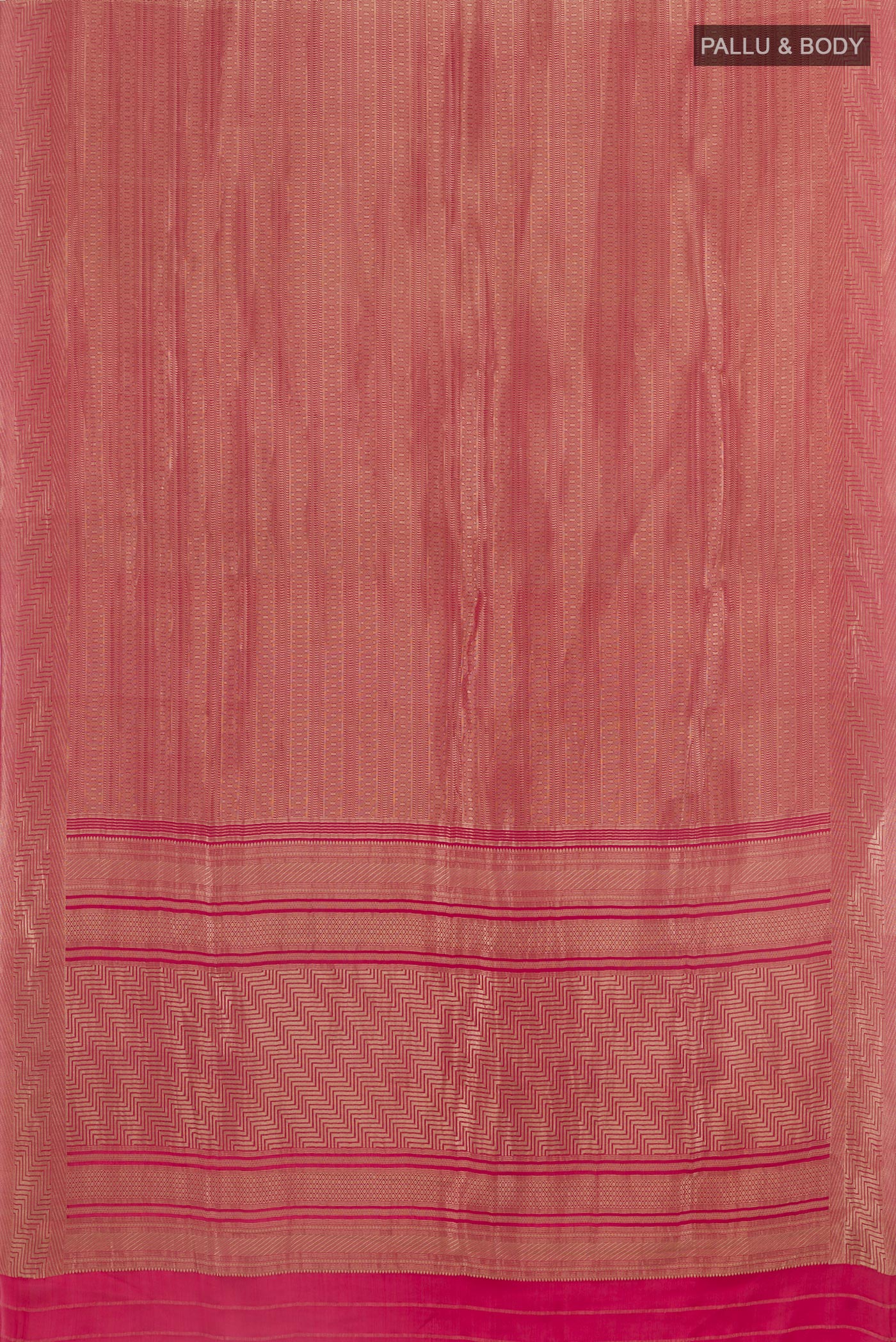 Flat view of Pink Mysore Crepe Saree with Zari Brocade on the body and Zari Border. 
