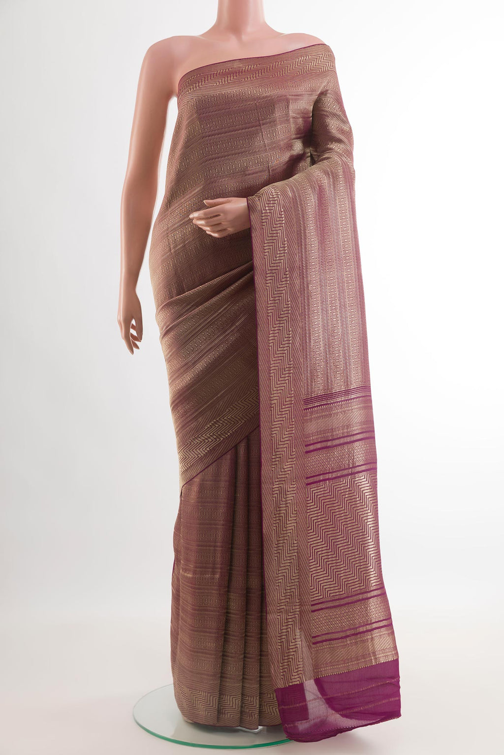 Purple Mysore Crepe Saree with Zari Brocade on the body and Zari Border.  displayed on a mannequin