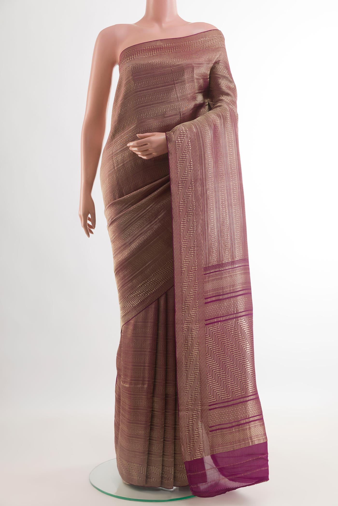 Purple Mysore Crepe Saree with Zari Brocade on the body and Zari Border.  displayed on a mannequin