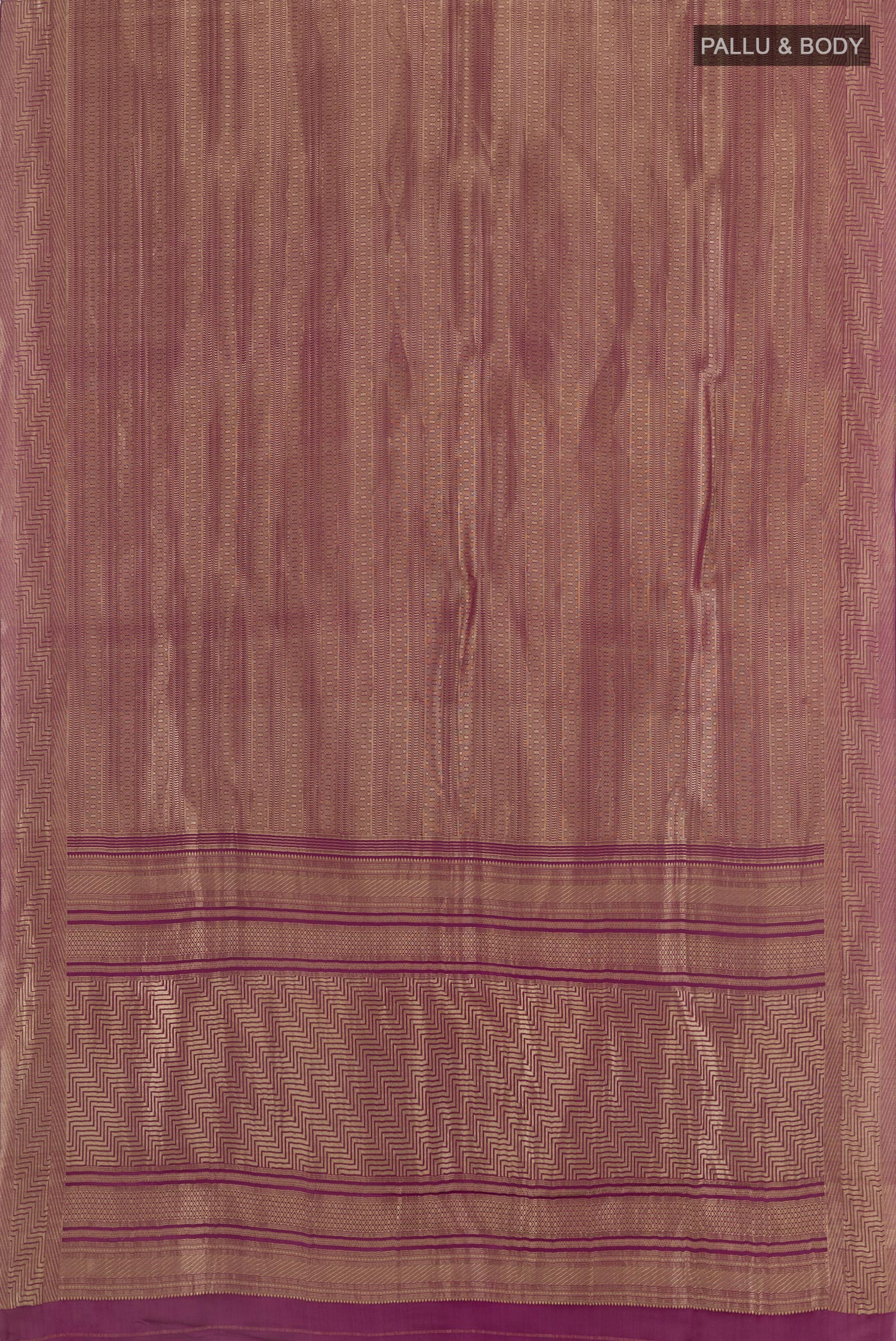 Flat view of Purple Mysore Crepe Saree with Zari Brocade on the body and Zari Border. 