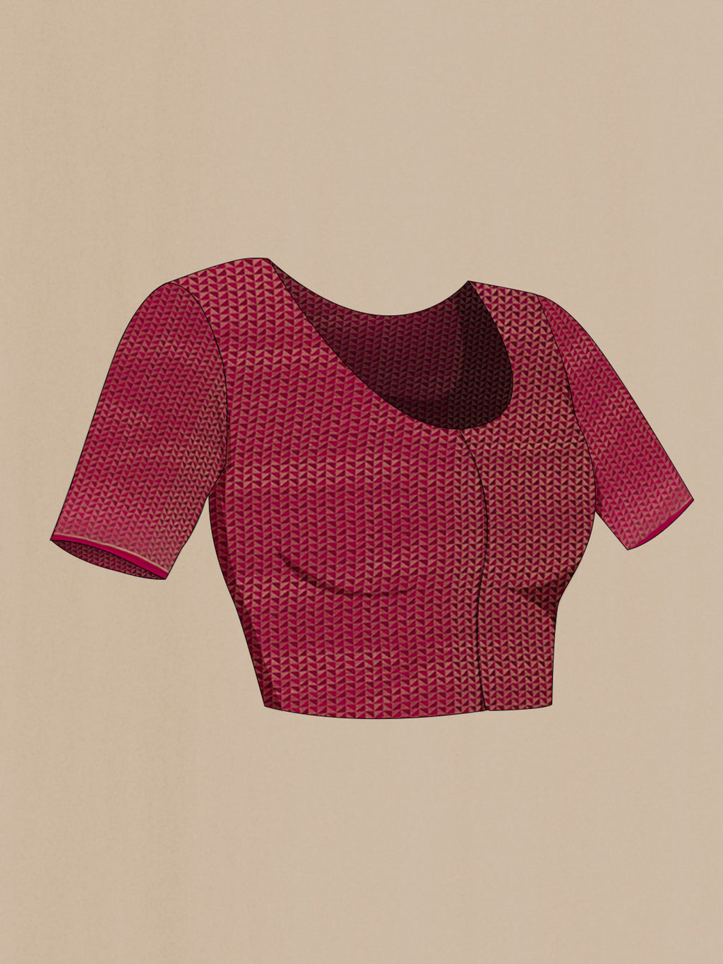 Close up image of the blouse of Dark Pink Mysore Crepe Saree with Stripes on the body and Plain Border. 