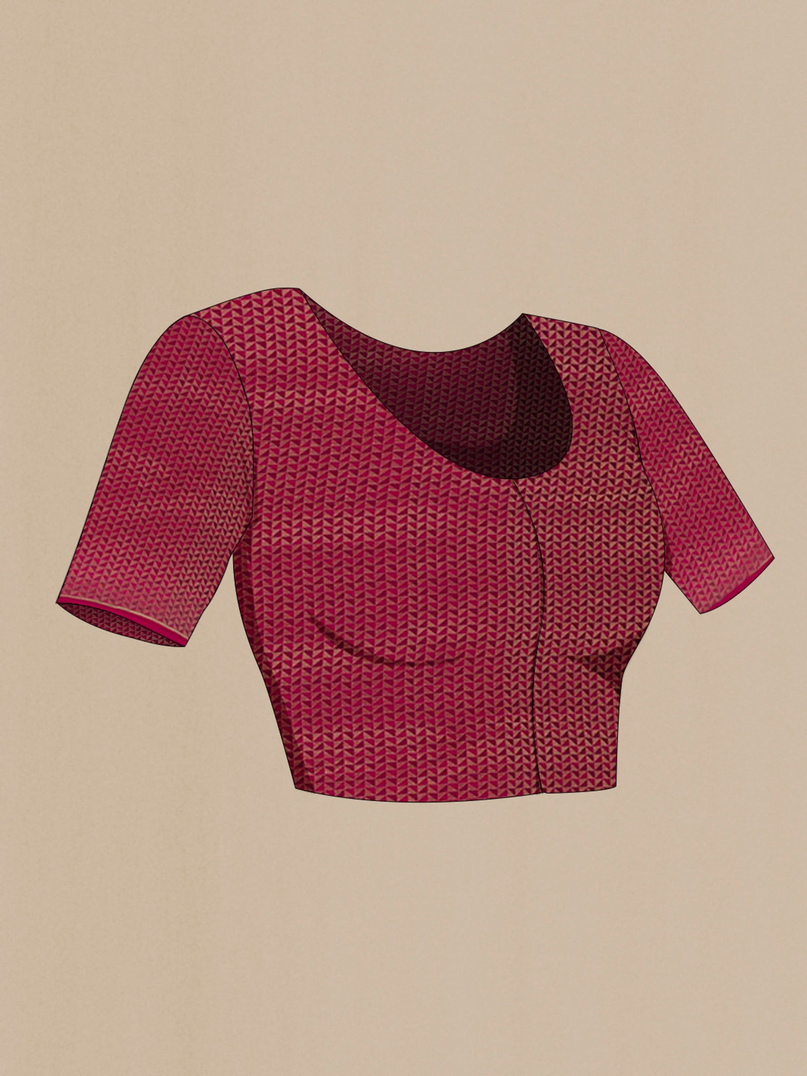 Close up image of the blouse of Dark Pink Mysore Crepe Saree with Stripes on the body and Plain Border. 